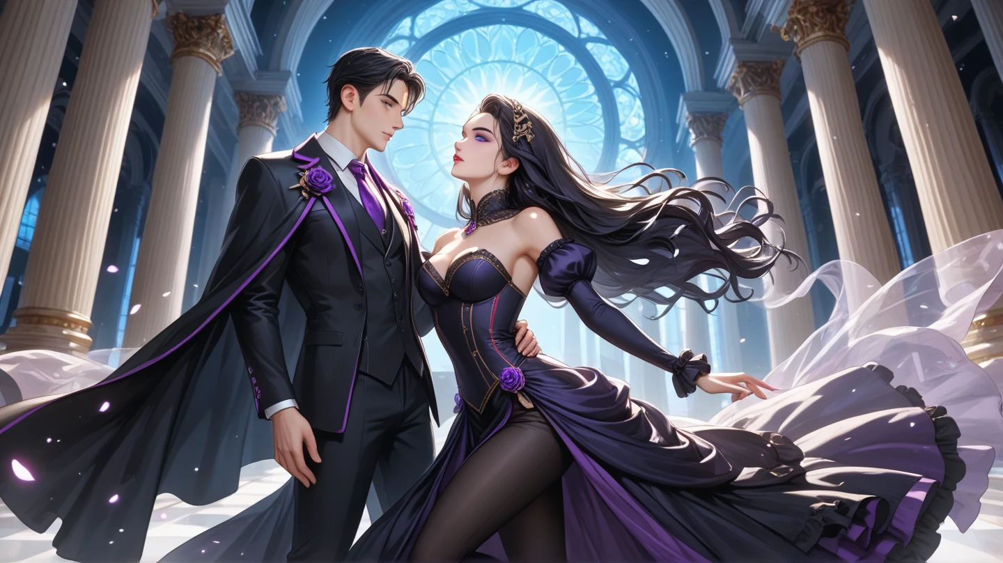 wide shot full body image, masked male ghost assassin in black clothes, dancing with a beautiful woman in purple and gold dress, high detail, wide shot, 4K, 3D, REALISTIC, (iridescent glow smoke), UHD, 32K, very bold neon colors, black light, neon light