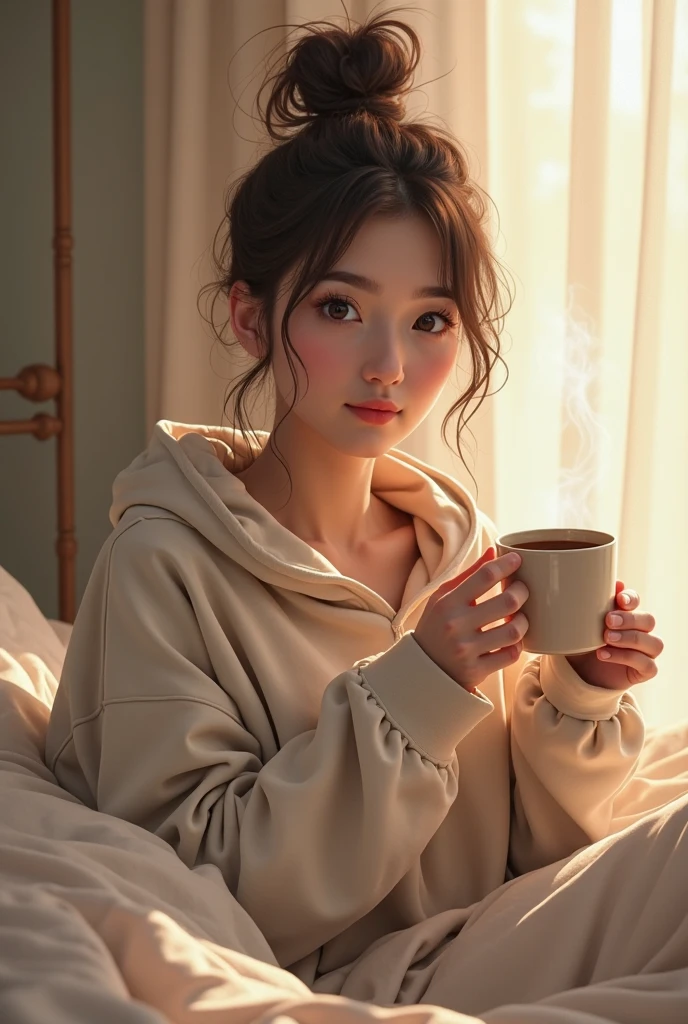 Fluffy blanket,Wrap in a blanket、prety woman、((25-years old))、japanes、((Girl sitting,wariza)),1 girl in、Japanese narrow studio apartment、Hold a ceramic coffee cup with both hands、viewer is looking down、a picture、３５ｍｍfilmg、Sleepy face、short-hair、waved hair、disheveled hair、Fix、Ragged hair、no-makeup、Plump lips、detailed finger、real looking skin、Spoiled face、I have a few freckles、 Detailed legs、A detailed face、A detailed eye、Detailed lips