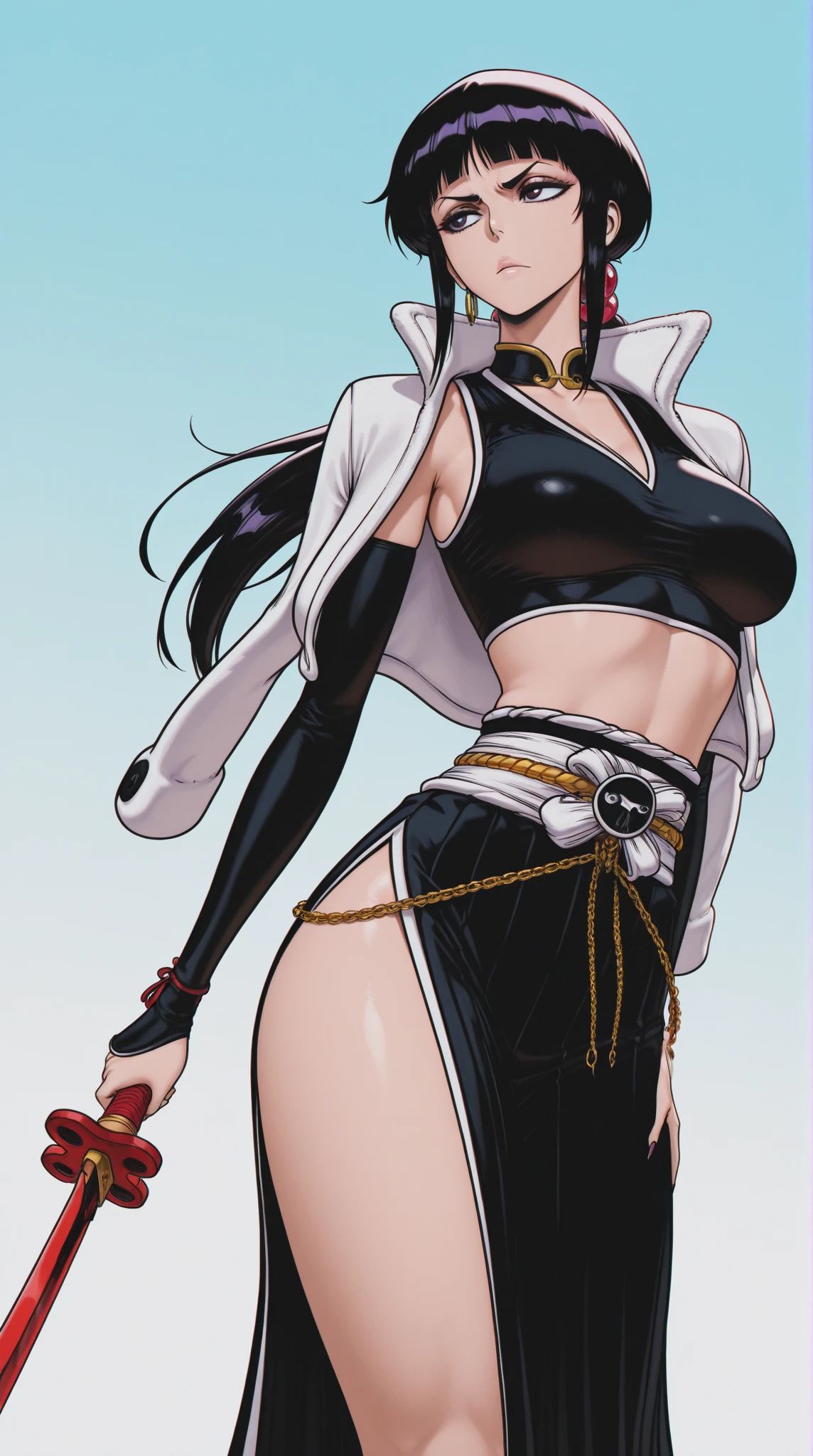 ((masterpiece, best quality)), ((39 year old)), (((Curvy))), ((Unohana from Bleach)), ((Japanese woman with long black braided hair)), ((white high cut panties)), white bra, purple kimono, Blue eyes, Text "Unohana" on the side, elaborate background pattern, (((realistic art style)))
