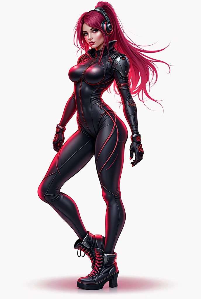 solo, super fine photo, full body picture Unreal Engine 5 8K UHD of beautiful girl, red pony tail hair, wearing futuristic black tight battle suit, half face mask, futuristic neck collar, red light details, dark makeup, best quality, masterpiece, unified 8k wallpaper, super detailed, sharp focus, dynamic pose
