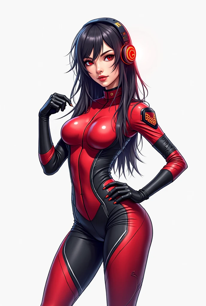 a close up of a woman in a red outfit with headphones on, comic digital art, seductive anime girl, beautiful cyborg girl pinup, cute cyborg girl, style artgerm, beautiful alluring anime woman, gynoid body, in the style artgerm, extremely detailed artgerm, seductive. highly detailed, wanda maximoff