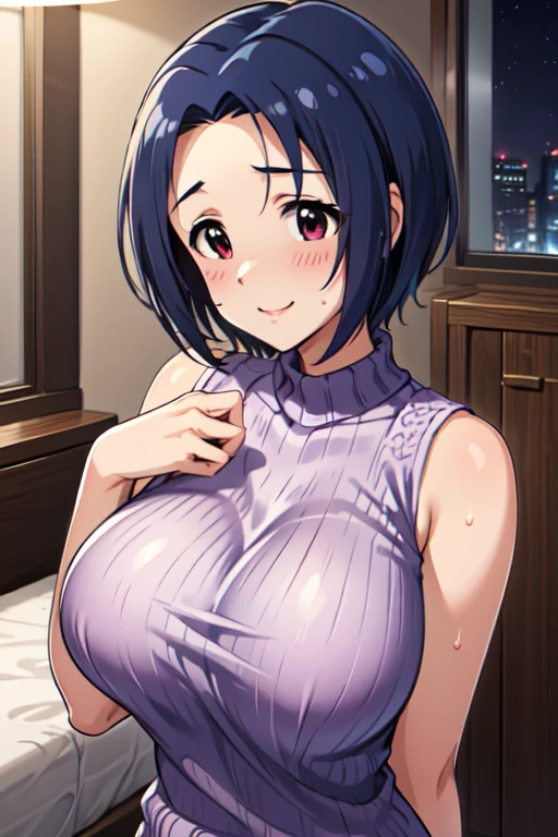 (Large breasts:1.5),Looking at Viewer,((masutepiece)),((Best Quality)),Perfect Anatomy,8K UHD,extra detailed face,gloss and shiny,((1girl in)),((Solo)),(Beautiful detailed eyes:1.5),image perfect,arms behind back,Slim waist,Shiny hair,harucia uniform,Blue skirt,indoor hall,Black hair,(Blunt bangs),Smile,