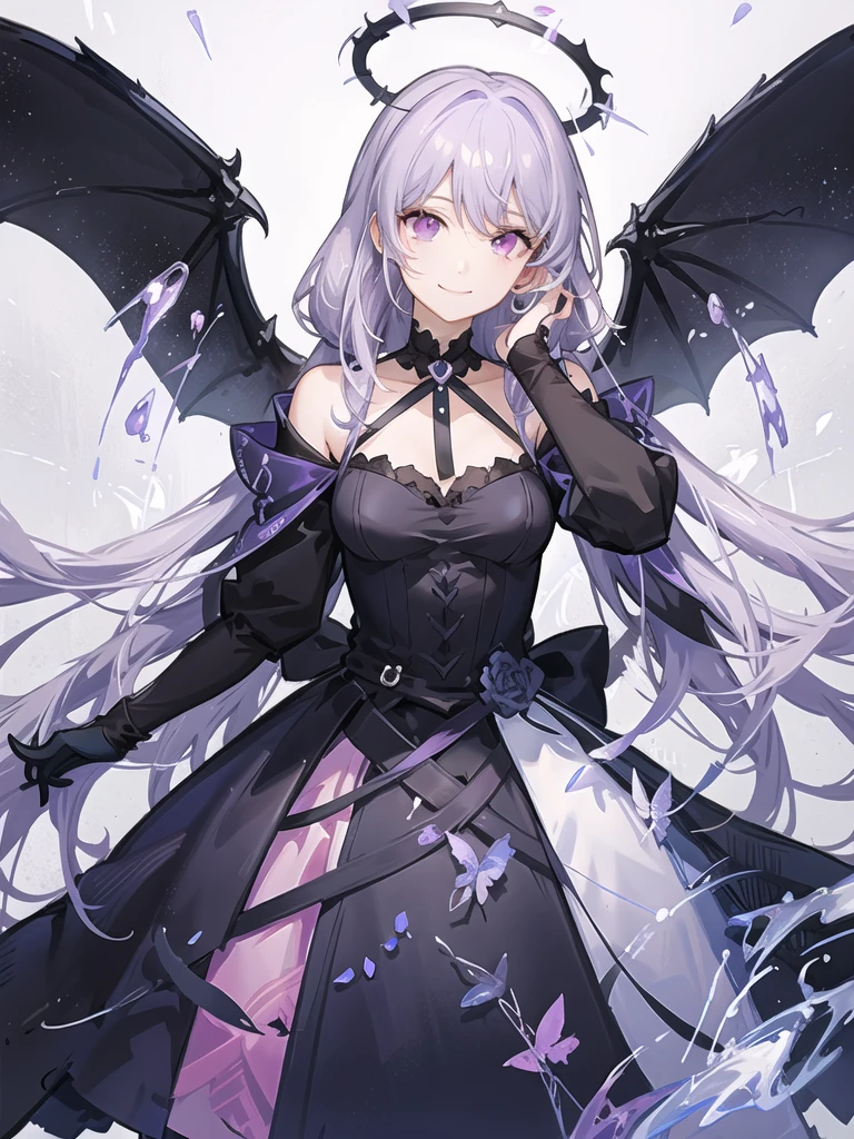 Adult girl, long white hair, high ponytail, pink eyes, bat wings, black rich dress, anger, masterpiece, high quality