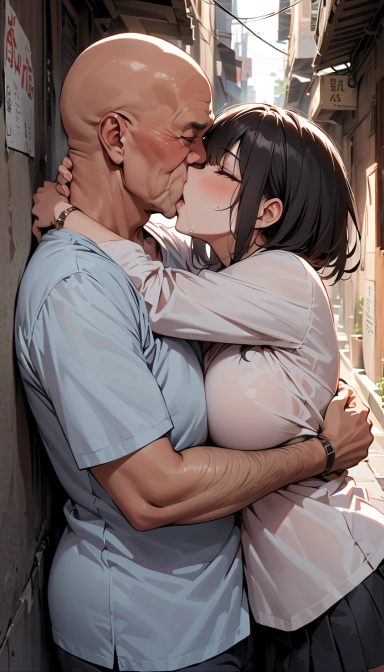 (girl, Fat middle-aged man:1.2), Completely naked, blush, French kiss, hug, (Big Breasts), office, Very detailed, High resolution, 4K, masterpiece, High resolution、(tears:1.8)、(rape)、Straddle a man、heart、toilet、(Sex:1.3)、Grin、Knee socks