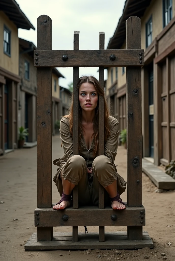 Woman imprisoned in a cell, On her knees, head resting on the ground. Her hands tied behind her back with a rope 