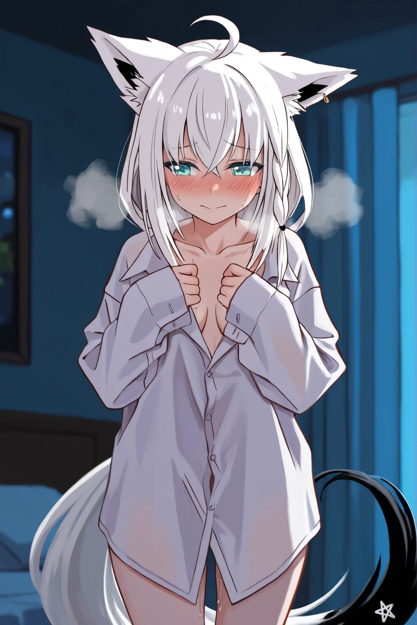 that has a fearful face, white hair, cat ears, yellow glasses and transparent super blushing pink eyes that has a towel around it and is in spaghetti and has a cat tail that is a super fearful girl