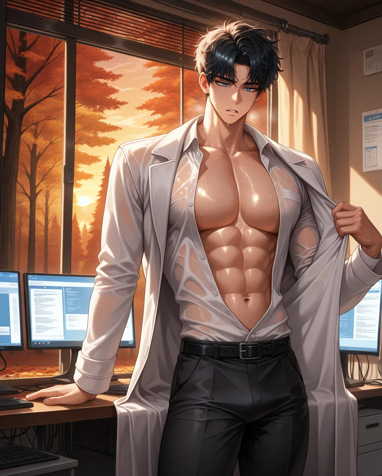 (masterpiece, best quality),  2 boy, young man，Shyness blush，musculous, short blue-purple/pink-orange hair, Dark gray eyes, complex, (dress room), full bodyesbian, White baseball uniform, Open light purple jacket, Pectoralis abdominal muscles，vivd colour,(depth of fields:1.2),(abs),Be red in the face，looking at viewert，A piano，spread their legs，