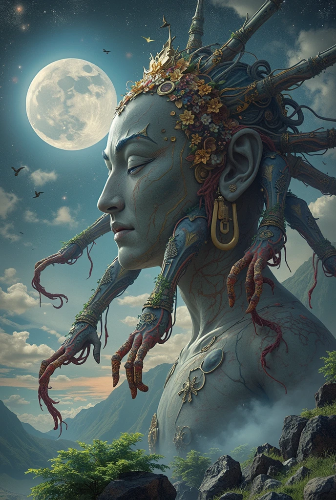 (better lighting, better shadow, work of art, high quality), in profile, (((close-up of the face))), beautiful face of a girl, 18 years old, looking at the horizon, (with flowing dreadlocks :1.1), photography professional polaroid, dark dense forest, waterfall, sunset, sharp symmetrical artistic art, dan mumford style, HDR, realism, 8K, dark fantasy atmosphere, lovecraft style, (JimJorCrafLogo art style:1.3), (close up view )