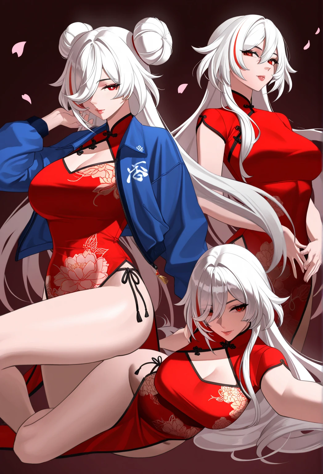 oni girl, huge breasts, kimono, white stockings, pokkuri sandals, white hair, red eyes,