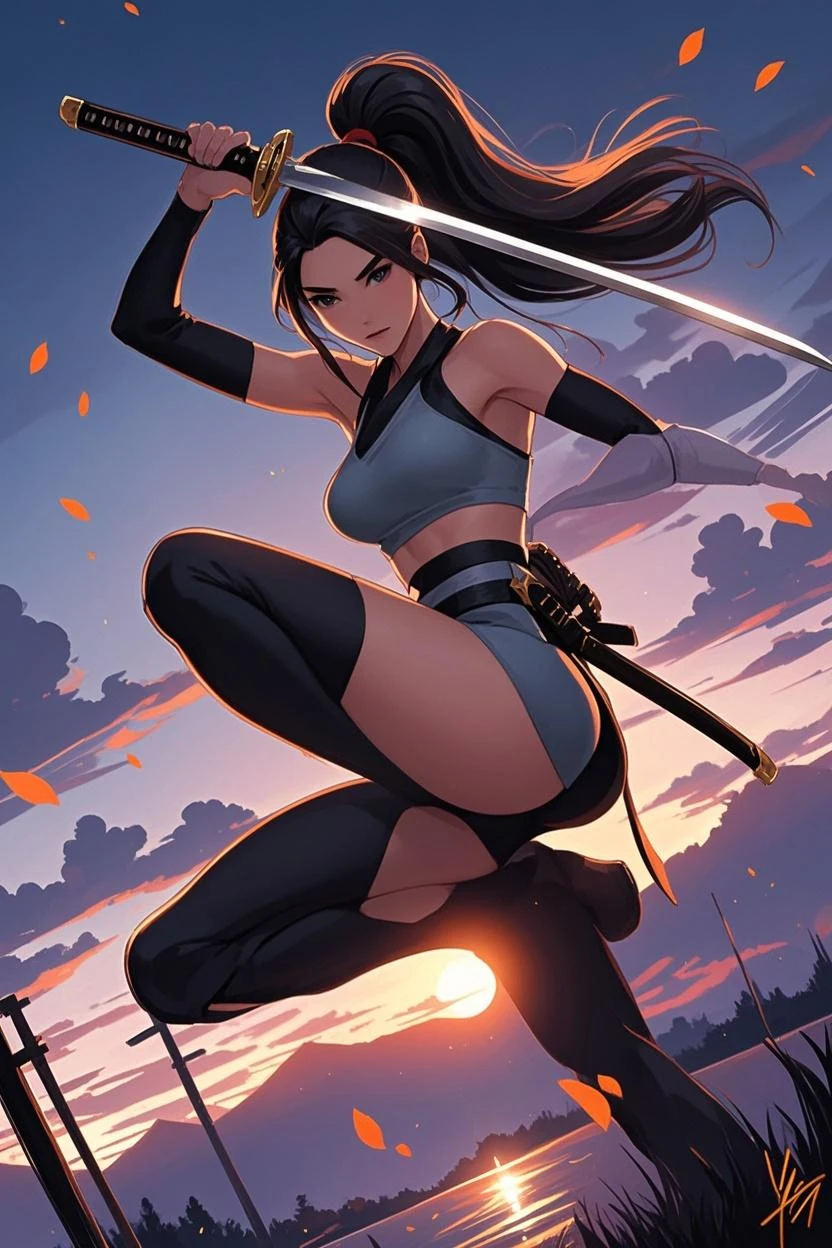 (masterpiece), (best quality), realistic, cinematic light, Naruto's Hinata, cool pose, eastern battlefield background, perfect body, red eyes, long black hair, cherry blossom, samurai, ninja, heterochromic eyes, big breasts, big ass