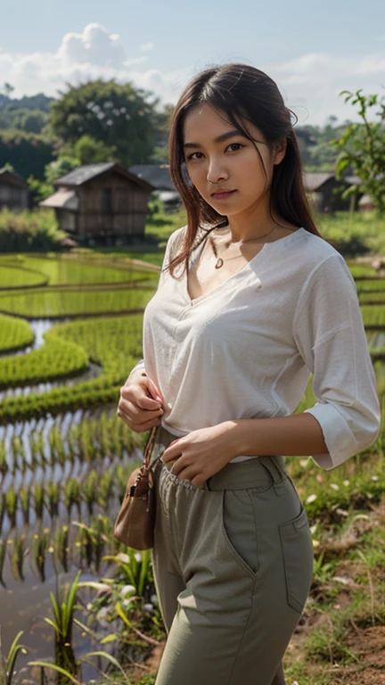 One evening after rain, red sunset and sunset, in a meandering rice field, there is a beautiful girl realistic ultral 4k, dressed in plain clothing, there is a reflection of the sunset in the rice field, and a basket straddling her arm