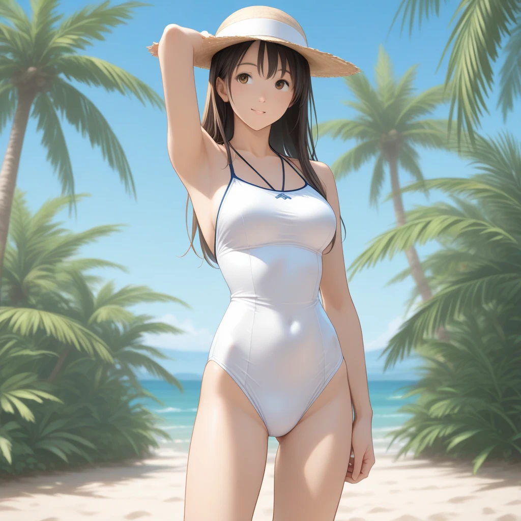 Anime girl with long black hair and white tank suit posing on the beach, long braided black hair girl, Blue-eyed girl, wet swimsuit, is wearing a swimsuit, swimsuit, clothing:ハイカットswimsuit, seductive portrait, beautiful attractive anime woman, 水泳競技用swimsuit, girl in a white tank suit, ワンピースswimsuit着用, shiny wet skin!!, 白いHigh legレーシングスイムウェア, 競泳swimsuit, 白いHigh legレーシングスイムスーツ, Smooth anime CG art, big breasts, girl with very big breasts, Are standing, seductive anime girl, High legレーシングスイムウェア, High legレーシングスイムスーツ, swimsuitを着ている, High leg, The best girls in anime, Gweiz style artwork, detailed digital anime art, perfectly shaded body, Realistic anime 3D style, beautiful charming anime girl, realistic anime art style, realistic shaded perfect body,
