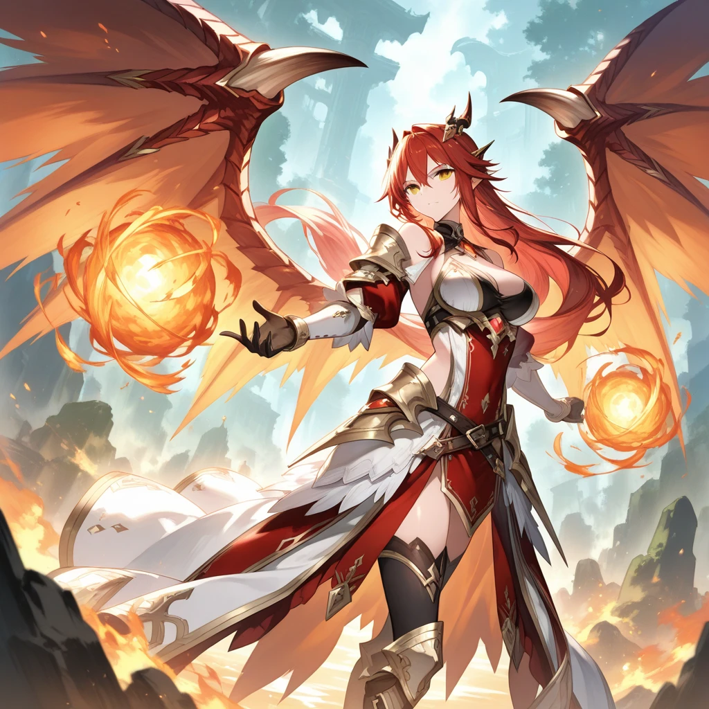 16k, ultra detailed, masterpiece, best quality, (extremely detailed), arafed, dnd art, panoramic view, full body, aasimar, female, (Masterpieceת intense details:1.3), female, sorceress, casting flaming spell(Masterpieceת intense details:1.3) large feathered wings,(azure: 1.3) angelic wings spread (Masterpieceת intense details:1.3), fantasy magical heaven background (Masterpieceת intense details:1.3), moon, stars, clouds, wearing white armor (Masterpieceת intense details:1.3), high heeled boots (Masterpieceת intense details:1.3), armed with staff, (red hair: 1.4), (green eyes: 1.4), intense eyes, ultra feminine, ultra detailed face, (Masterpieceת intense details:1.5), (anatomically correct: 1.5), determined face, divine light, cinematic lighting, soft light, silhouette, photorealism, panoramic view ((Masterpieceת intense details:1.3) , Wide-Angle, Ultra-Wide Angle, 16k, highres, best quality, faize, 3D rendering, flame spirit