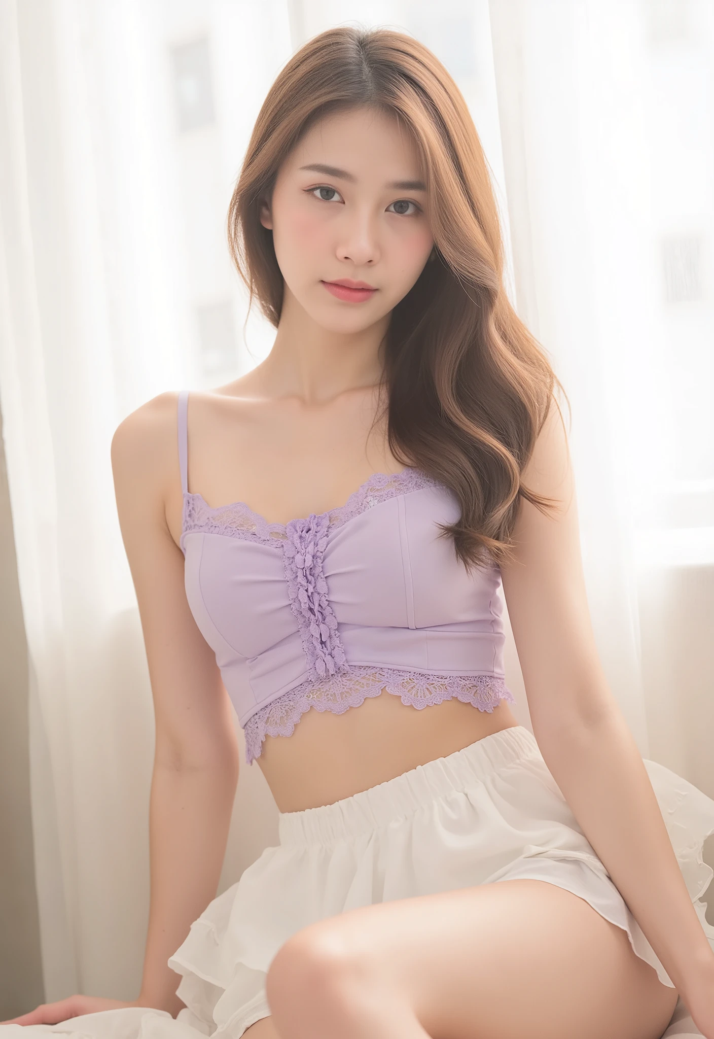 (8K、RAW Photos、Highest quality、masterpiece:1.2)、(Realistic、Realistic)、1 Girl、((lilac crochet crop top、rabbit heart bracelet、skirt、upper image、space、View from the front、Looking into the camera、unusual pose))、