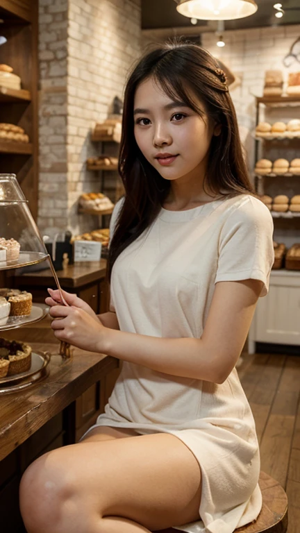 close-up of beautiful korean female, 34 inch breasts size, hair over shoulder, wearing shirt, in the bakery shop, cinematic scene, UHD