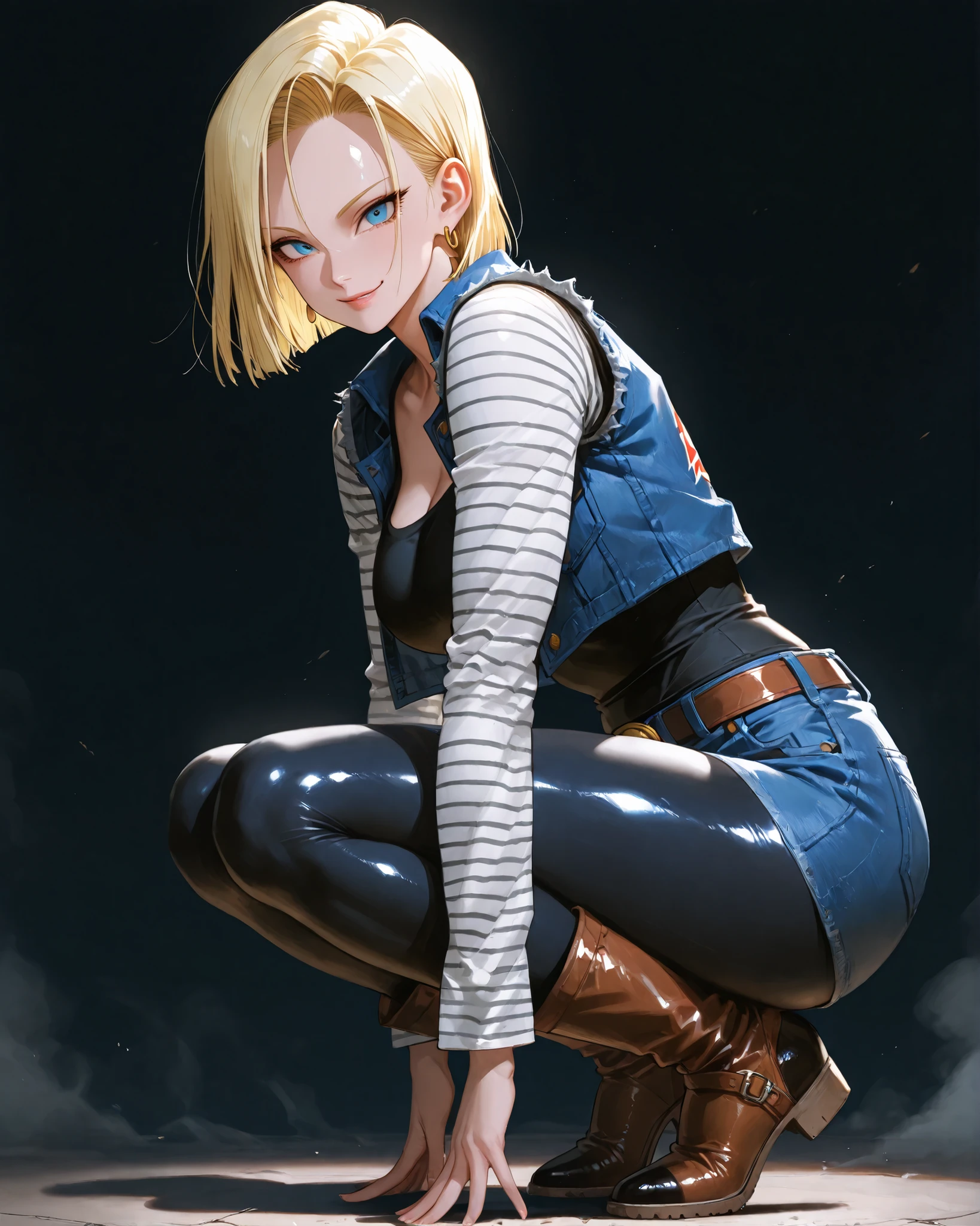closeup, Sluisap, eyes、usnr、GBF_style、748cmstyle、32K、Semi-realistic、 super detailed description 、Artwork、Original Works、 detailed color、 detailed eyes、 detailed lips 、 The Greatest Masterpiece、Professional work、normal Breasts、 sexy、 Dragon ball z  character, Android 18 , Android 18, (Android 18:1.3 cosplay )  , dark background ,  cowboy shot,  , full frame , full length , shiny body, sexy ,( full body view1:3), Squatting , full body view  , blue eyes color , normal breast , looking at the viewer , smile , wearing a black tank top , sleeveless blue denim vest , white long sleeve undershirt, with black horizontal stripes, blue denim mini skirt black full length , skin tight leggings, brown mid caff leather boots 