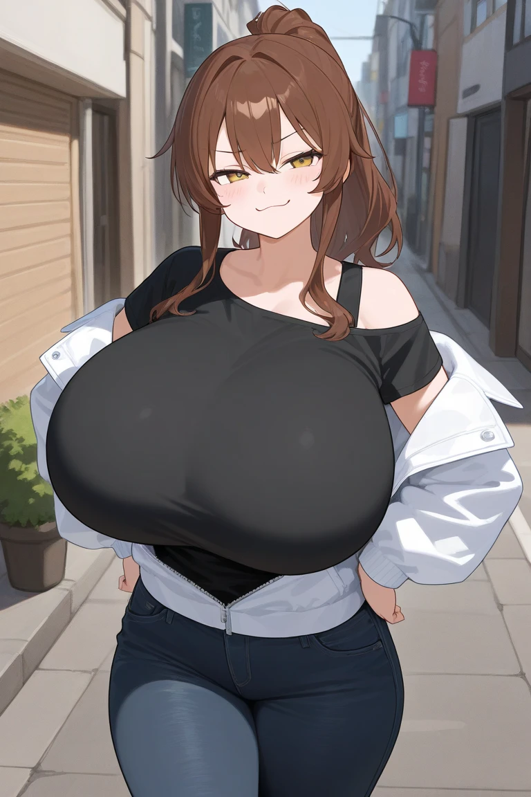 masterpiece, (best quality), 1woman,1girl ,shinka_nibutani, brown hair, long hair, side ponytail, brown eyes,sweater, white shirt, sweater,medium breasts,hair ornament ,sexy woman,smile, hair between eyes, long sleeves,closed clothes, embarrassed,blush, skirt, vibrant colors ,natural lighting ,RTX, , beautiful, (detailed face:1.2), showcase, (perfect eyes:1.1) ,(photorealistic:1.1), 8k uhd, looking at viewer, outdoors, simple background, (breasts on glass:1.5, enormous gigantic huge tits:1.5, bravery smile:1.2, tsurime:1.2, looking at viewer, ultra close distance front upper body shot:1.4, tears, hands on hips),