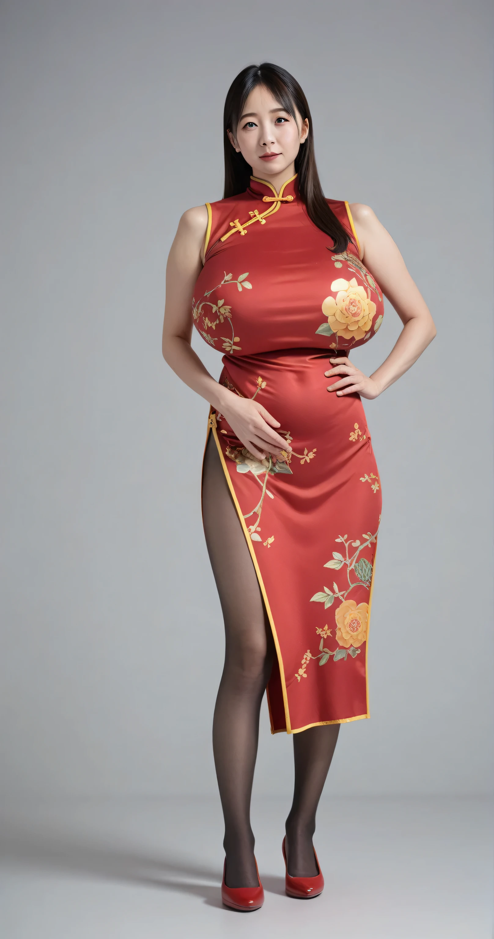 digital art, highly detailed, reference sheet, standing pose, feminine features, mature woman, adult female, thicc figure, whole body, bald, form-fitting, qipao dress with a long skirt, heels, 1woman, solo, upper body, lower body, ((Extremely Detailed)), ((Best Quality)), ((Masterpiece)), ((4k)).
