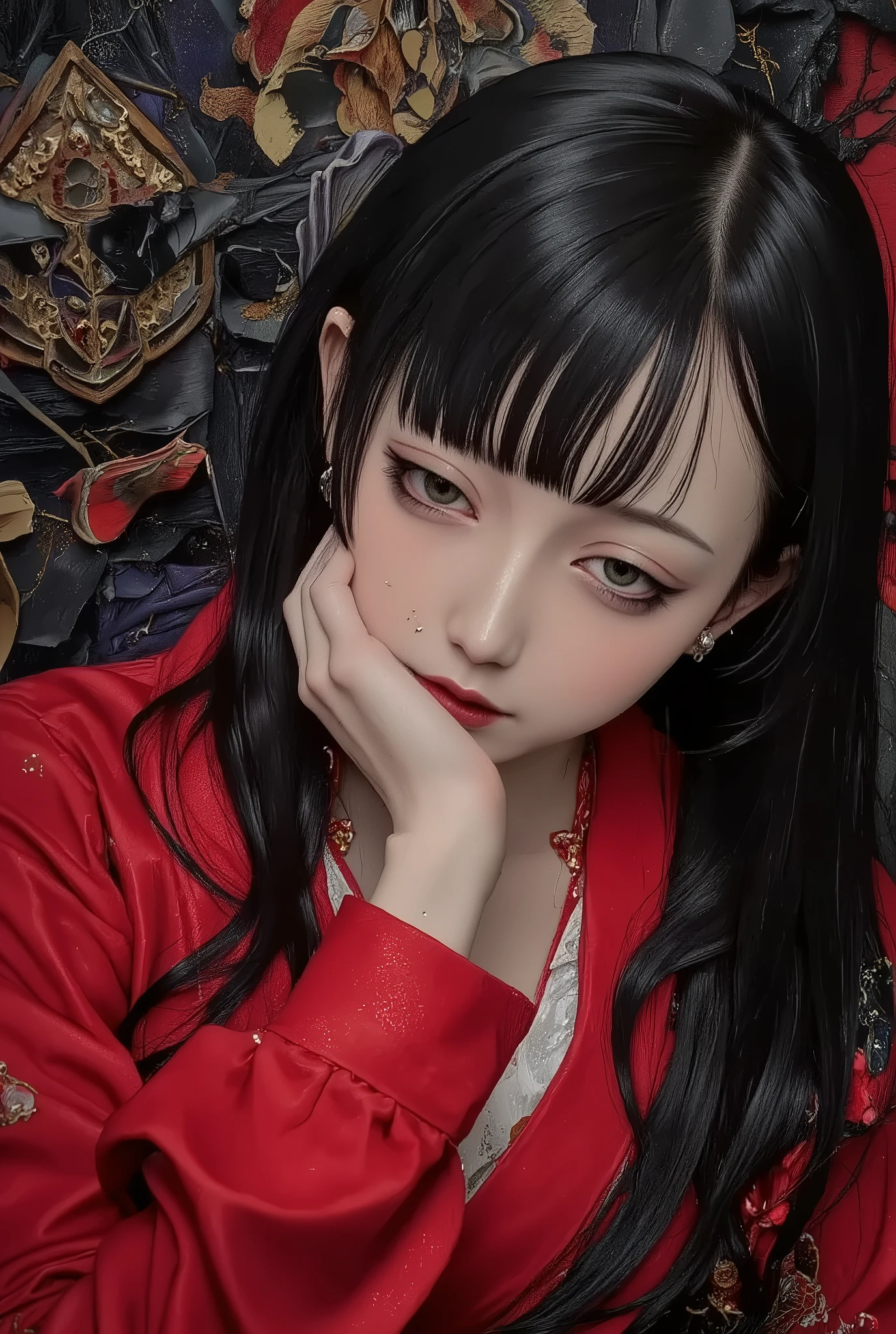 1 girl,beautiful face,turime,black hair,long straight hair ,Bob,hime cut, long hair,wearing red kimono,face down lying,hand on face,melancholy,erotic,vivid color,dynamic pose,detailed image, ,itou jakuchu,nihonga,