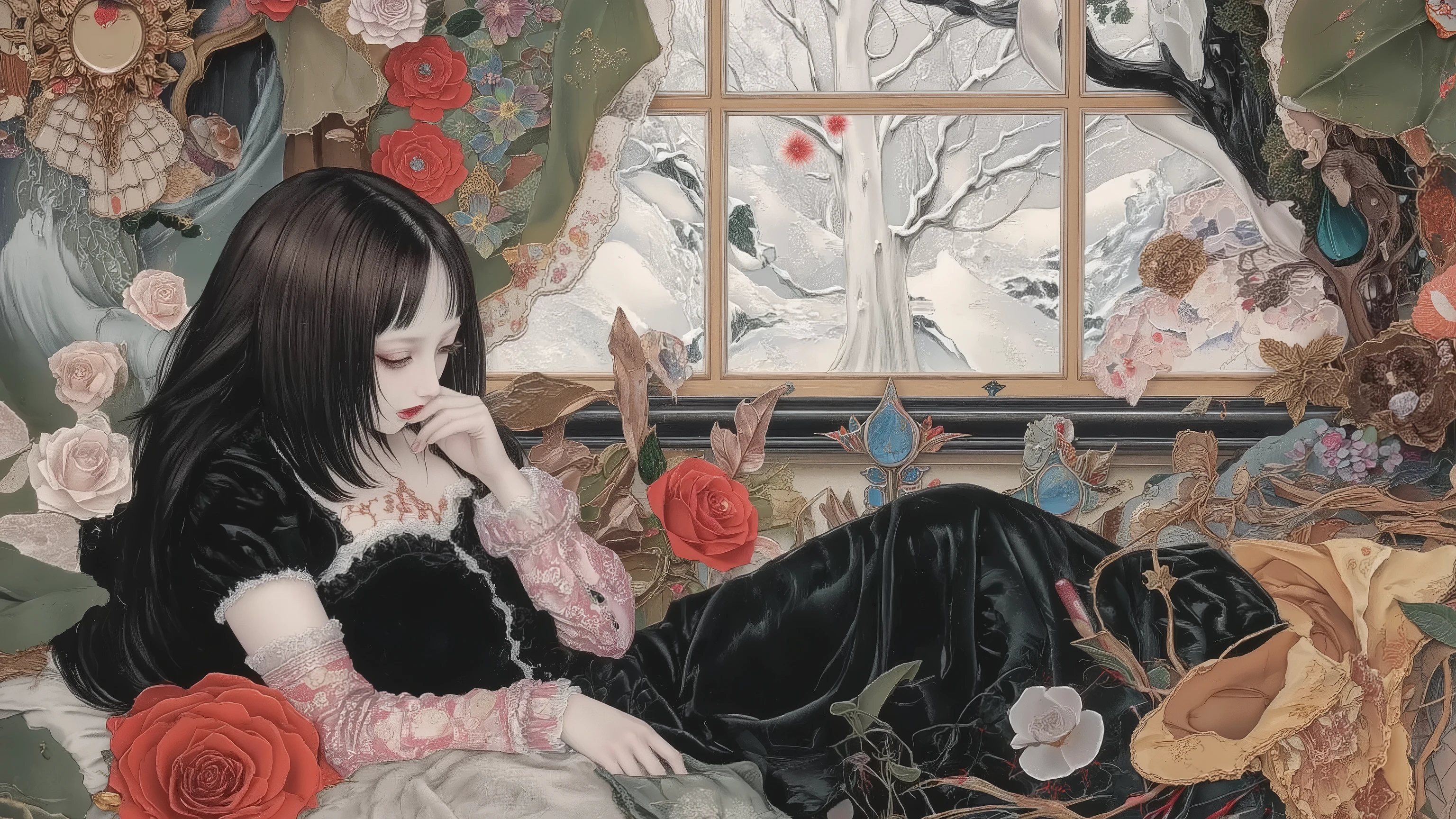 1 girl,beautiful face,turime,black hair,long straight hair ,Bob,hime cut, long hair,wearing black dress,pale skin,face down,lying bed,hand on face,flowers,decorated window,winter landscape view from the window,snow covered tree,victorian style room,indoor,feminine,anatomically correct,melancholy,erotic,sadness mood,vivid color,dynamic pose,detailed image,semi realistic image,detailed,Gustav Klimt style,ito jakuchu,nihonga,