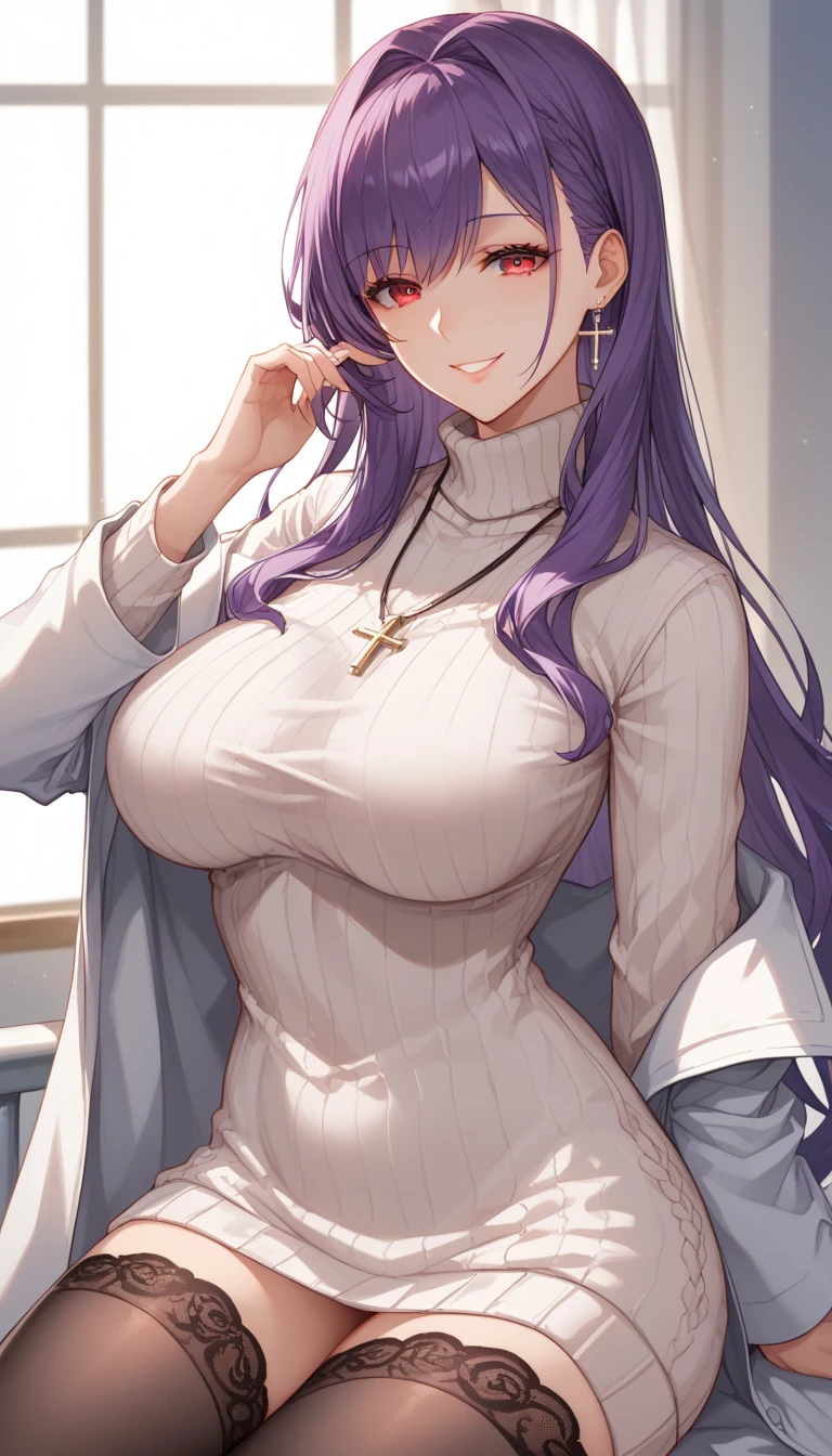 Anastasia Khoshinа, Anastasia Khoshin, long hair, Blue eyes, purple hair, large_breast, combed bangs, BREAK hair ornament, long sleeves, It has, dress, a gift, Star \(symbol\), white dress, fur trim, white headdress, pink a gift, pom pom \(Cloth\), Star hair ornament, BREAK looking at viewer, whole body, BREAK indoors, BREAK (masterpiece:1.2), Best quality, A high resolution, unity 8k wallpaper, (illustration:0.8), (Beautiful detailed eyes:1.6), very detailed face, perfect lighting, extremely detailed computer graphics, (perfect hands, Ideal Anatomy), big_breast