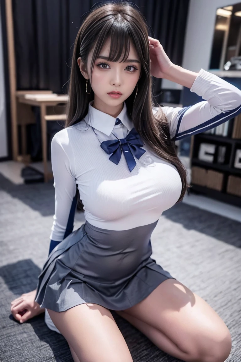 Typical and detailed CG Unity 8K wallpaper，（masterpiece），（Best Character Detail：1.36），Nikon D750F / 1.4 55 mm，original photo，Professional lighting， Physically Based Rendering, 1 busty girl, Female Soldiers，(Dark green military uniform，Short skirt)，Business suite，Fabric texture military uniform, Perfect military calm)，(Wear a plain white shirt under your jacket:1.25)，(Black Tie)，(Military cap，High heel，Full body view，Kneel on one leg:Put your hands behind your head，(Have a delicate face:1.2):0.2]:，Pure love face_v1，(Huge cleavage:1.55),(),(Put on your boots:1.45),(Put your hands behind your head:1.55),(I look up from below:1.55)，Large Breasts，Thin waist，Loyal Maid，Obey everything,Very obedient，Happy expression，Gentle and obedient personality、Obey everything，Submissive nature，Likeable，Obedient personality、Submissive character，Obey everything，Likeable，Likeable，sit down，Likeable，付出型性格和Likeable的个性，Absolute obedience，Absolute obedience、Likeable，Willing to give everything，Waiting for command，Full body view