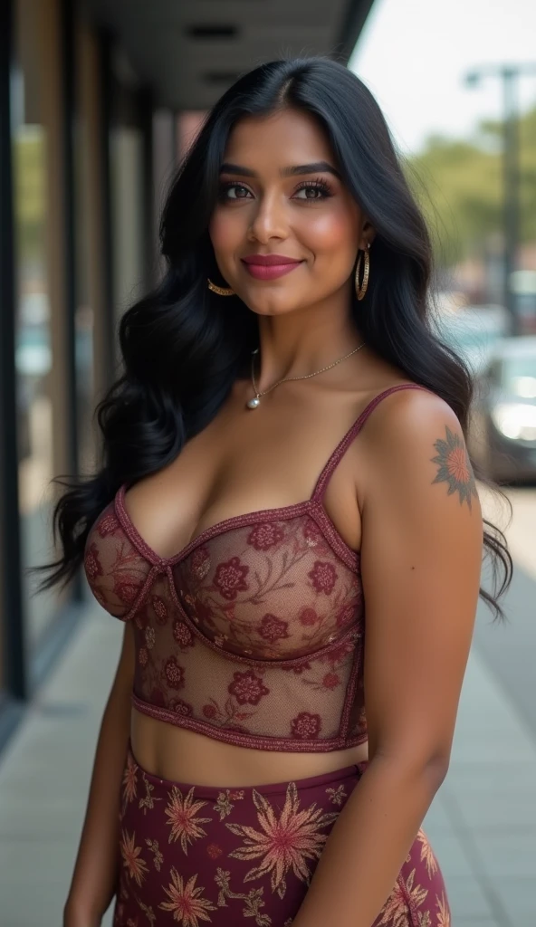 "Create an ultra-realistic image of a modern, attractive female influencer of Indian descent, aged between 27 to 30. She should have a warm and inviting smile, expressive almond-shaped eyes with a slight shimmer, and clear, glowing skin with a medium brown complexion. Her features should be well-defined, with high cheekbones and a sharp jawline. Her hair should be long, thick, and wavy, with a natural shine and bounce, styled in a bun made from a braid, either high or low, and colored a deep, reddish-purple hue that’s bold yet sophisticated. She should have a slender yet athletic build, reflecting a healthy and active lifestyle, with gigantic breasts (plump: 1.1) that highlight her toned figure. She is wearing an embroidered bralette and high-waisted light wash jeans that complement her curves. Her outfit is completed with stylish black heeled sandals that add elegance to her look. She accessorizes with subtle yet chic jewelry, such as small hoop earrings and a few thin bangles. The background should be a vibrant farmer's market with fresh produce and flowers, suggesting a cosmopolitan lifestyle. Her overall appearance should exude confidence, approachability, and sophistication, capturing the essence of a contemporary Indian fashion influencer."