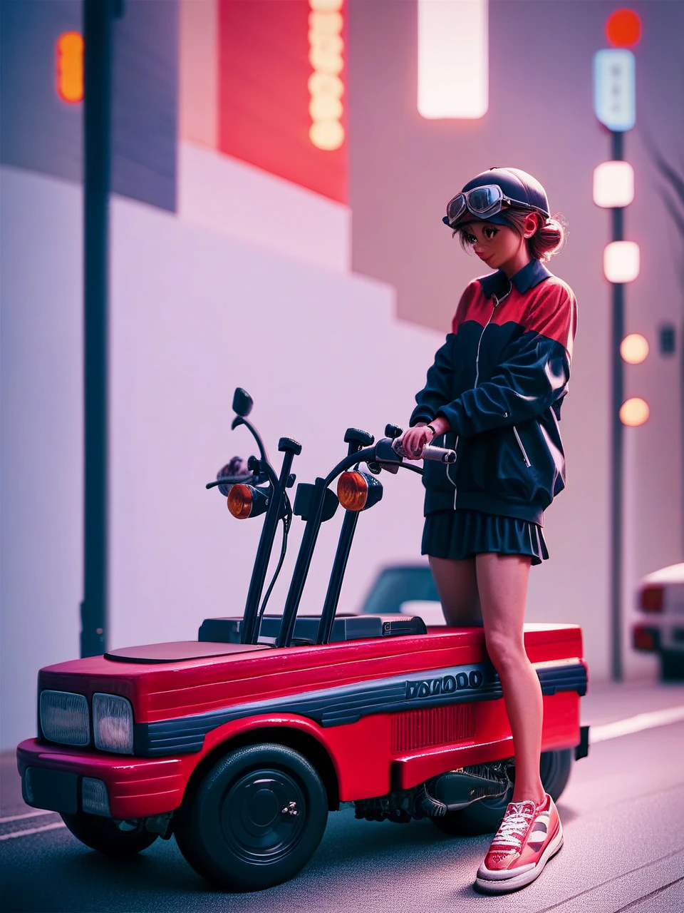 Honda Motocompo foldable scooter, compact yellow rectangular body, unfolded handlebars and seat, accurately modeled, parked alone on city street at night, modern skyscrapers in background, realistic lighting and textures, no people, no animals