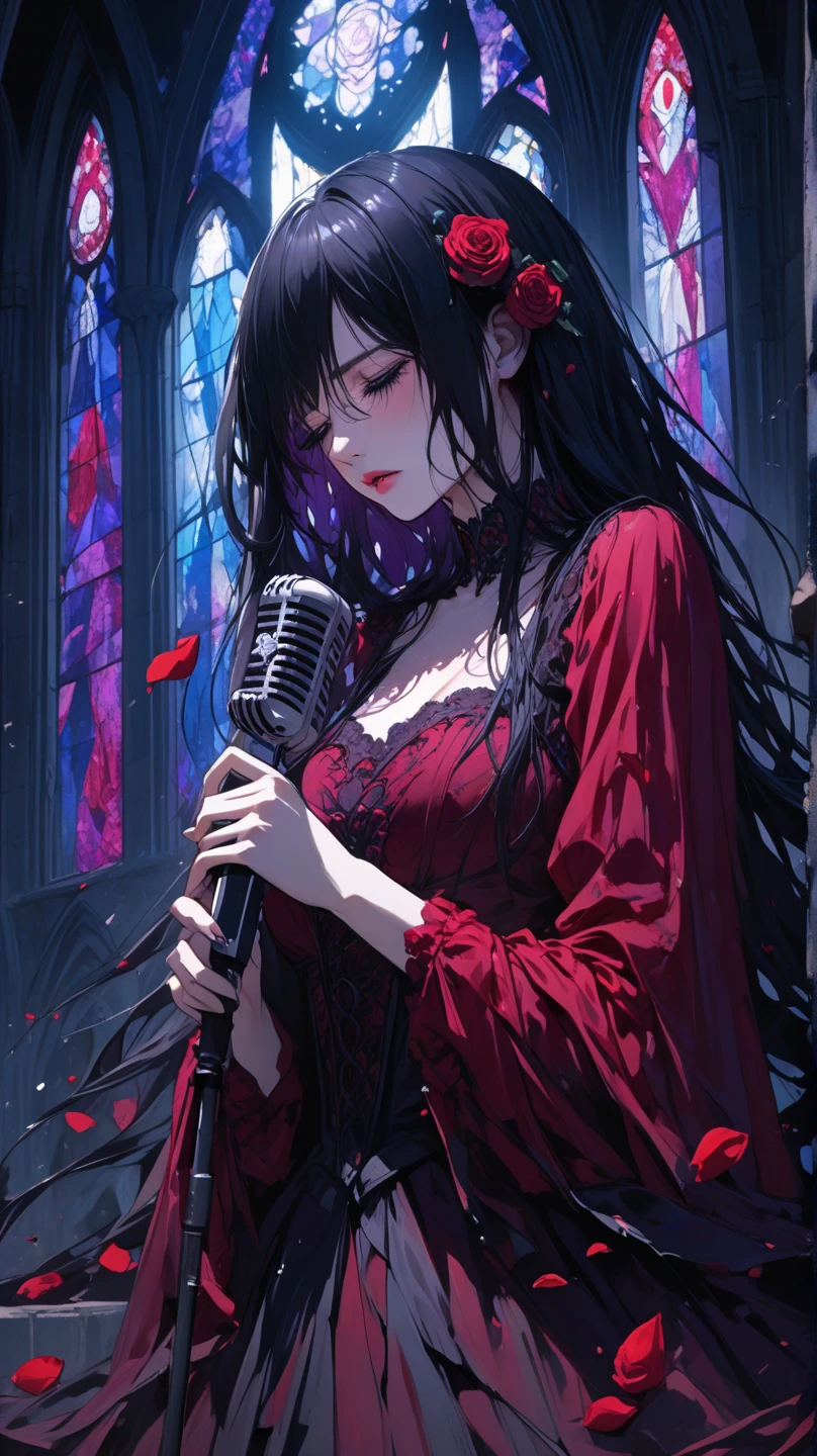 (panoramic in the Concert Venues), profile ((punk girls band style)) (in a sexy red rose dress) (a straight black hair long hair sexy femdom girl is Harpist, 18 yo, sexy detailed redeyes, blushing, sexy smile, bigboobs), (playing detailed harp), BREAK, perfect anatomy, masterpiece, best quality, 16k.