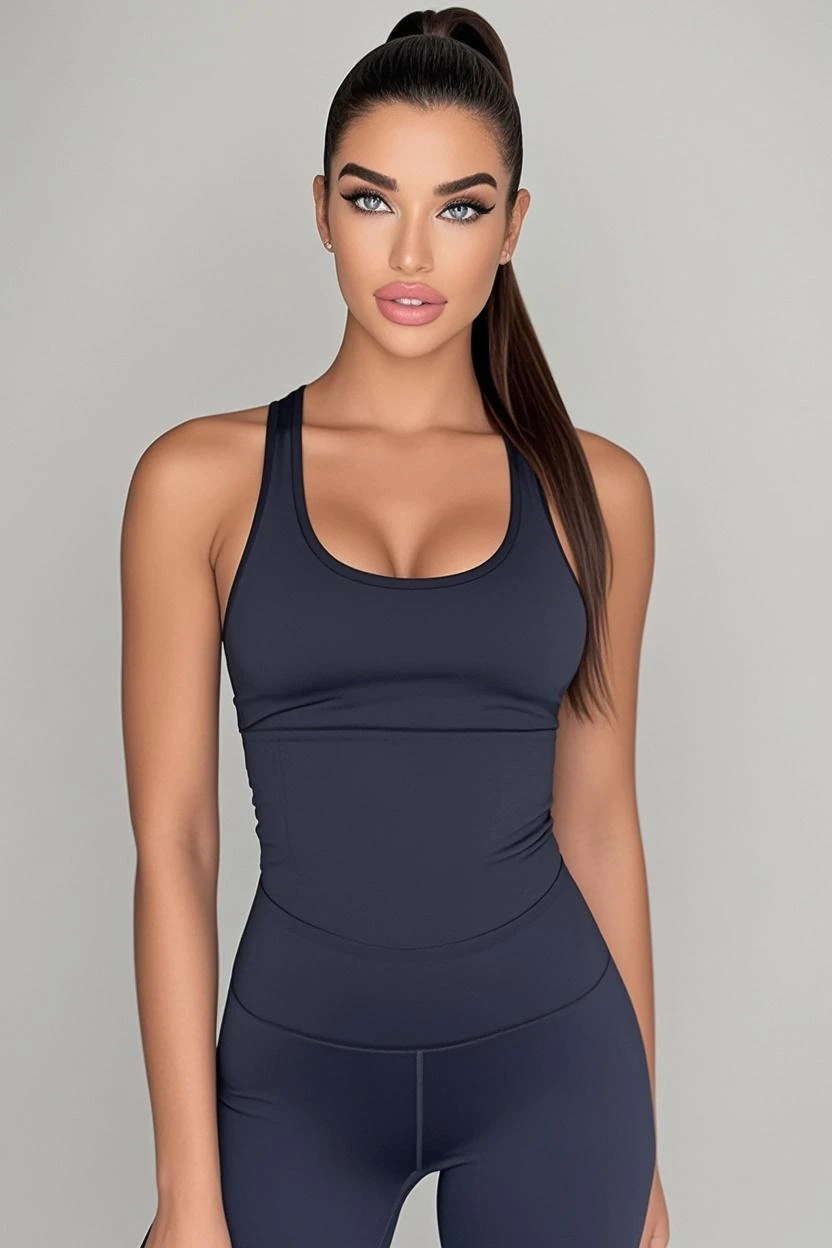 a woman in a black regata and grey leggings com boné de beisebol posing for a picture, black regata, black regata, tight black regata, she is vestindo a black regata, roupas esportivas, roupas esportivas, vestindo : regata, tight fitted regata, vestindo regata, regata, regata, vestindo fitness gear, vestindo a regata, vestindo regata