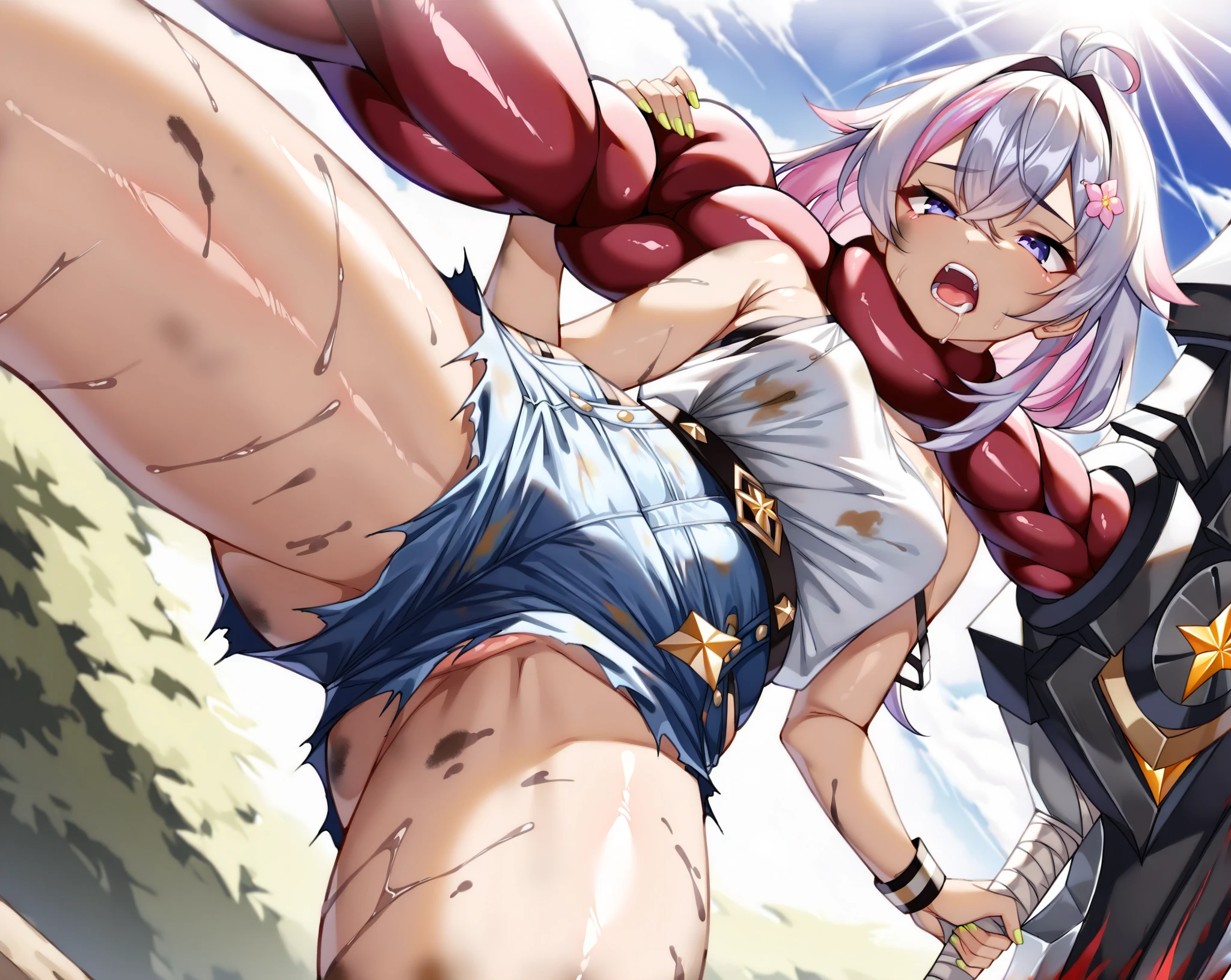(cum on breasts: 1.3), arms behind back, purple hair, masterpiece, top angle, looking at viewer, 1girl, cute, slender, black bikini, big breasts, loose breasts, thin waist, sweaty, skin bright, glowing skin, depth of field, sharp focus, detailed eyes, clear pupils, realistic pupils, delicate facial features, high resolution, (hyper-detailed: 1.2), shudder, anguish, sad smile, restrained, embarrassed, (watery eyes : 1.5), (thick thighs :0.4), red eyes, micro bikini, micro bikini