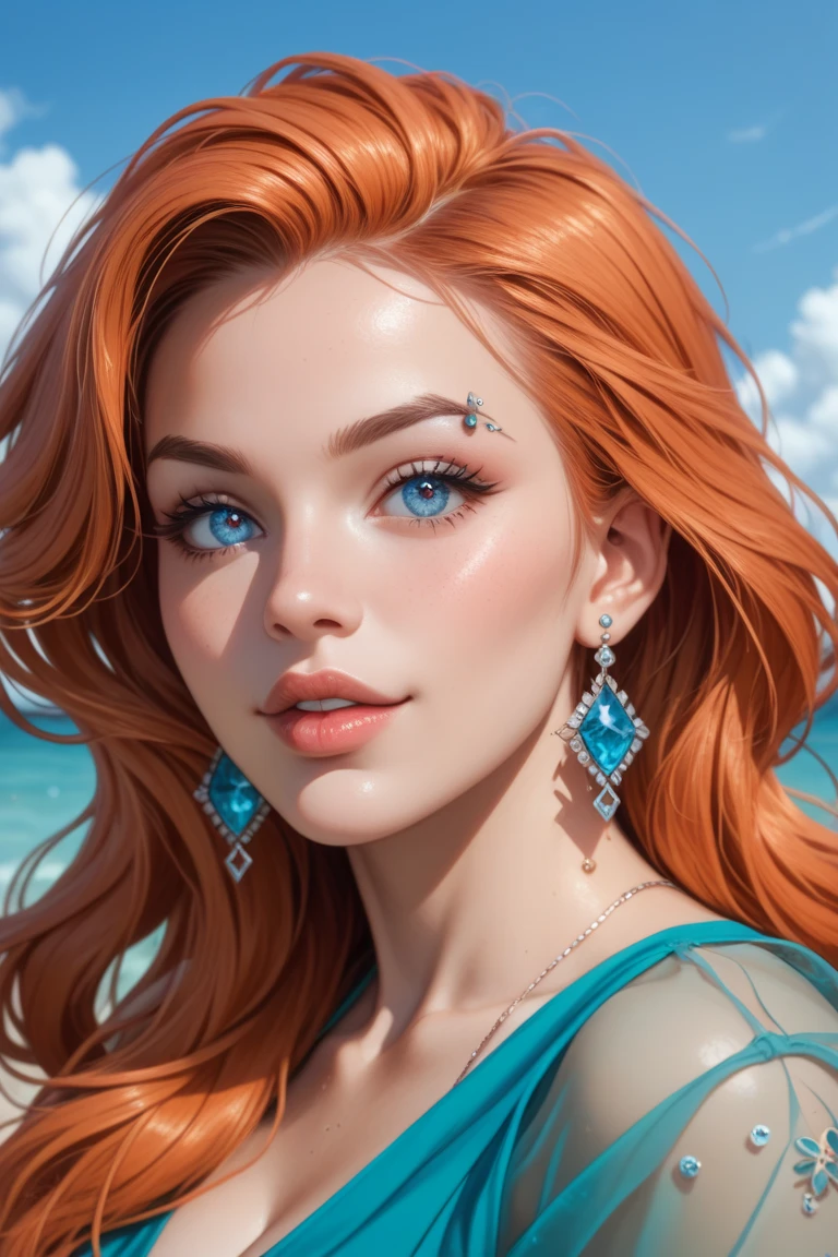 otherworldly artful masterpiece, ((score_9), score_8_up, score_7_up), score_6_up, score_4_up, score_5_up, 1girl, A close-up portrait of a captivating heroine with glistening skin the color of pale coral. Her long, flowing hair is a cascade of teal and turquoise, shimmering with iridescent highlights like the scales of a fish. Her eyes are a mesmerizing sapphire blue with elongated pupils, and a hint of a playful smile hints at her mermaid nature. Around her neck, a choker made of pearlescent seashells and glowing bioluminescent seaweed adorns her, catching the light like an underwater jewel.