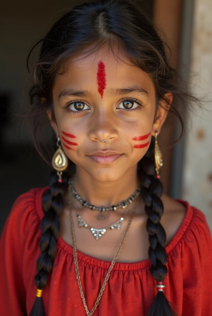 I want you to create a character. She is a 10-year-old girl with characteristics typical of the Apache people. Her long, straight black hair frames a face with the tanned skin common among her people. Her light blue eyes contrast with her skin color, creating a piercing and expressive look. She wears traditional clothing from her tribe, made from animal skin, and her face is covered in dirt.