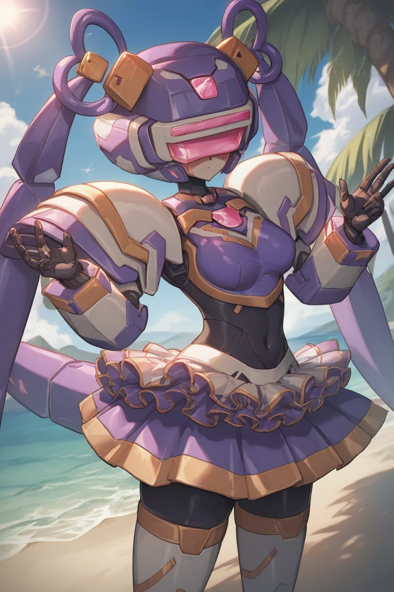 layer_megamanx, 1girl, solo, long hair, purple hair, green eyes, blunt bangs, hair over eyes, large breasts, dark skin, dark-skinned female, android, underboob, robot ears, high quality, masterpiece, standing in an underwater city with lots of bubbles, in the style of yuumei, intricate architectures, indigo, miniature illumination, daniel f. gerhartz