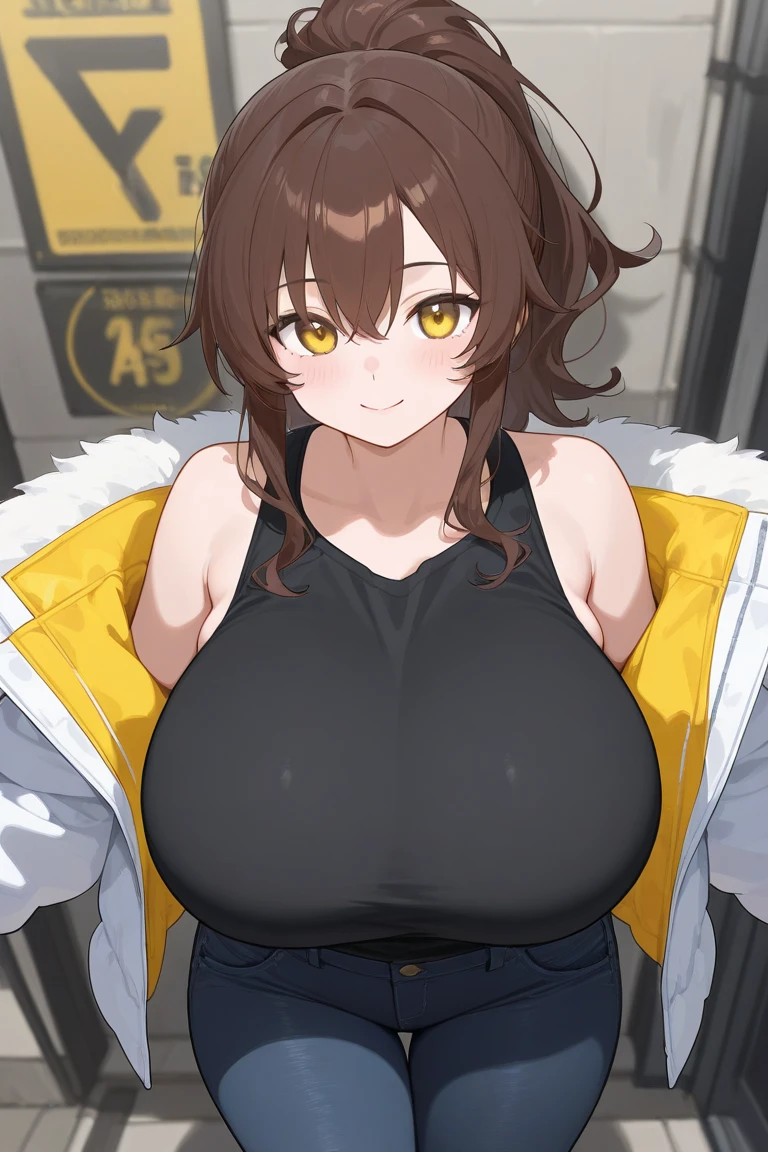 masterpiece, best quality, 1girl, solo, <lora:anis-nikke-richy-v2:1> anisrnd, yellow eyes, casual, turtleneck sweater, huge breasts, tea, table, city, sitting