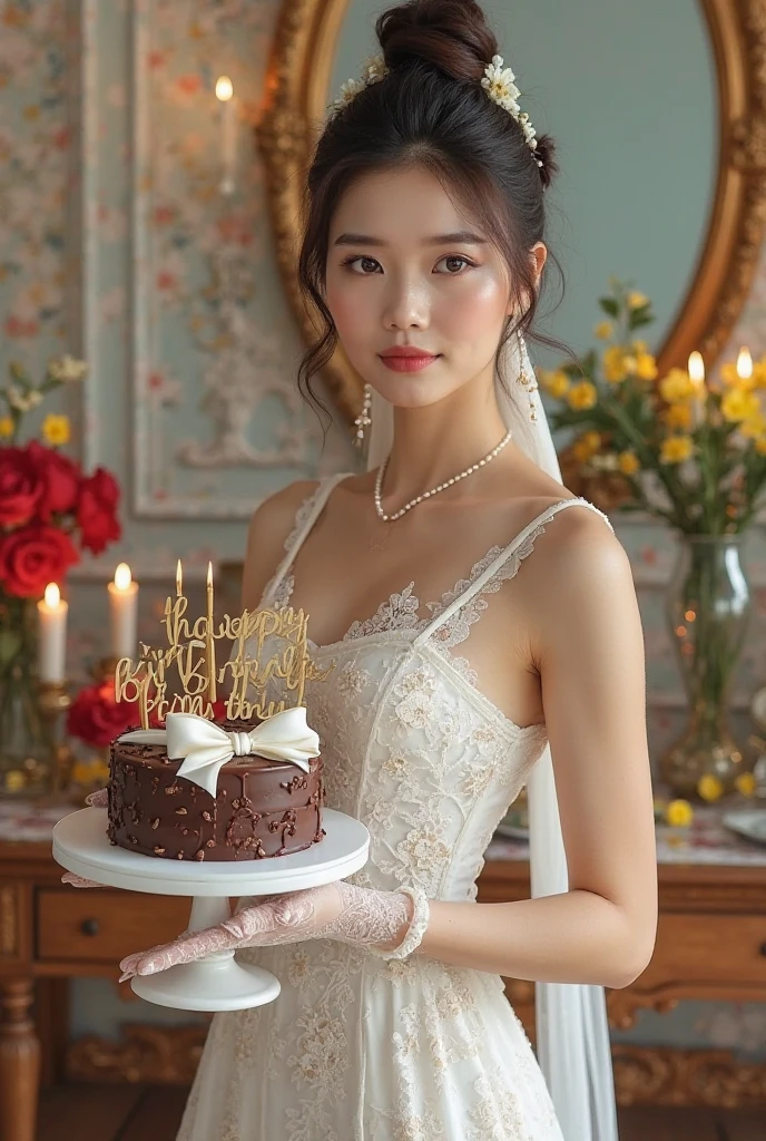 birthday cake,cream,detailed,White gauze arch,Luxury palace,First Person View,One person girl,A horsetail,Cake knife,Luxury Set