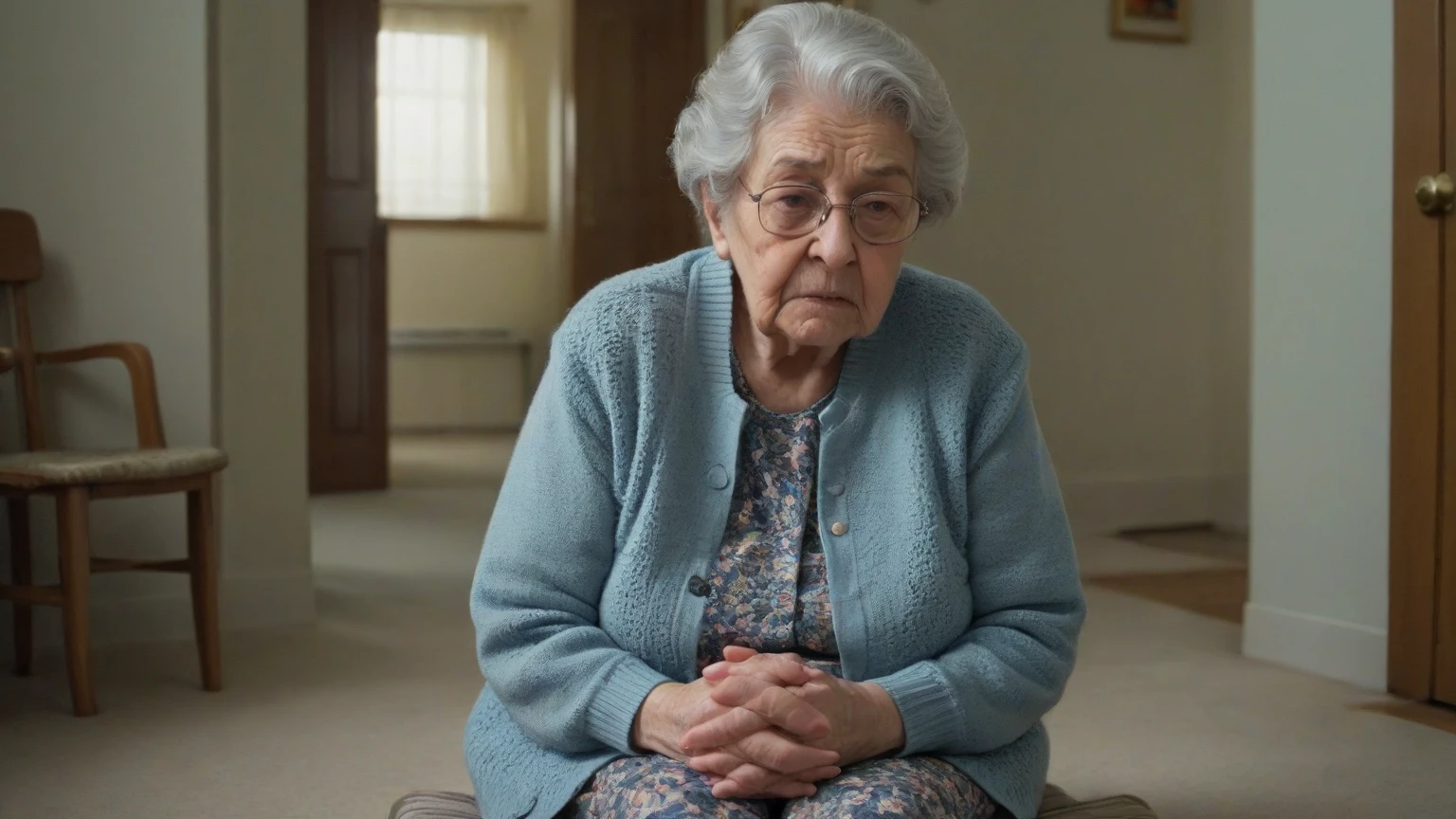 A realistic photograph of Mrs. Maria Silva, 72 years old, gray and tied hair, wearing a blue sweatshirt, and beige pants. Has a tired appearance, but delicate and loving. She has high blood pressure and Type 2 Diabetes mellitus, diagnosed 10 years ago..