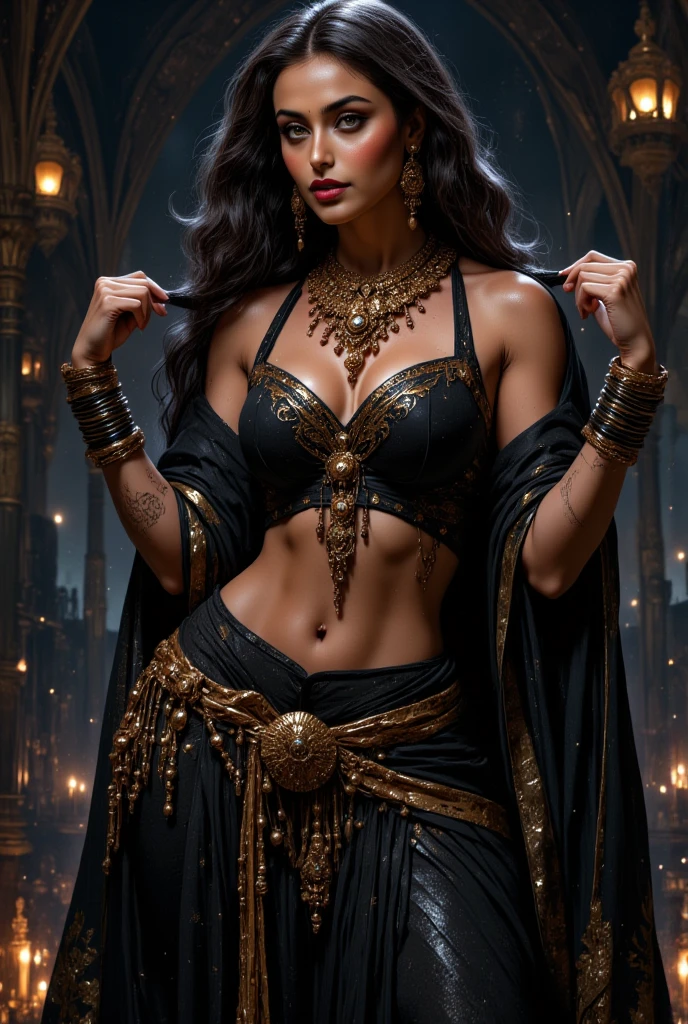 A hot ((succubus demon woman)), {{FULL BODY}}, masterpiece, 8k, ultra realistic, detailed background, palace, god rays, ambient occlusion, tattooed hands, ((Indian dress)), ((Indian Woman)), {{Big breast and big cleavage}}, (( long black hair wavy)), Beautiful, ((detailed face))
