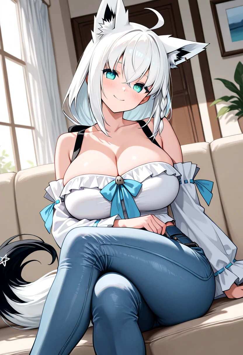 I am Yukiko, I am a white furred cat woman with long light blue hair along with cat ears and light red eyes with a blue cat tail. I am 1.62 cm tall , Dressed in a black low-cut top and a miniskirt, not wearing panties . with huge breasts measure 200 cm, waist 40 cm and  hips 200 cm