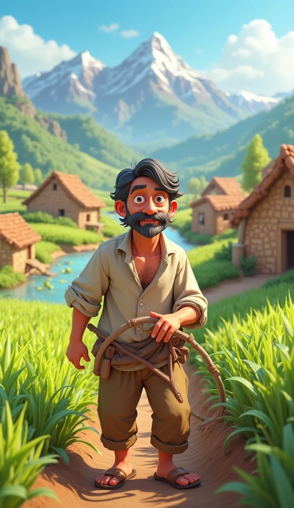 In cenamatic 3d cartoon style "The father working hard, possibly as a laborer, carrying heavy loads or working in a field under the scorching sun, his face showing exhaustion and determination.
