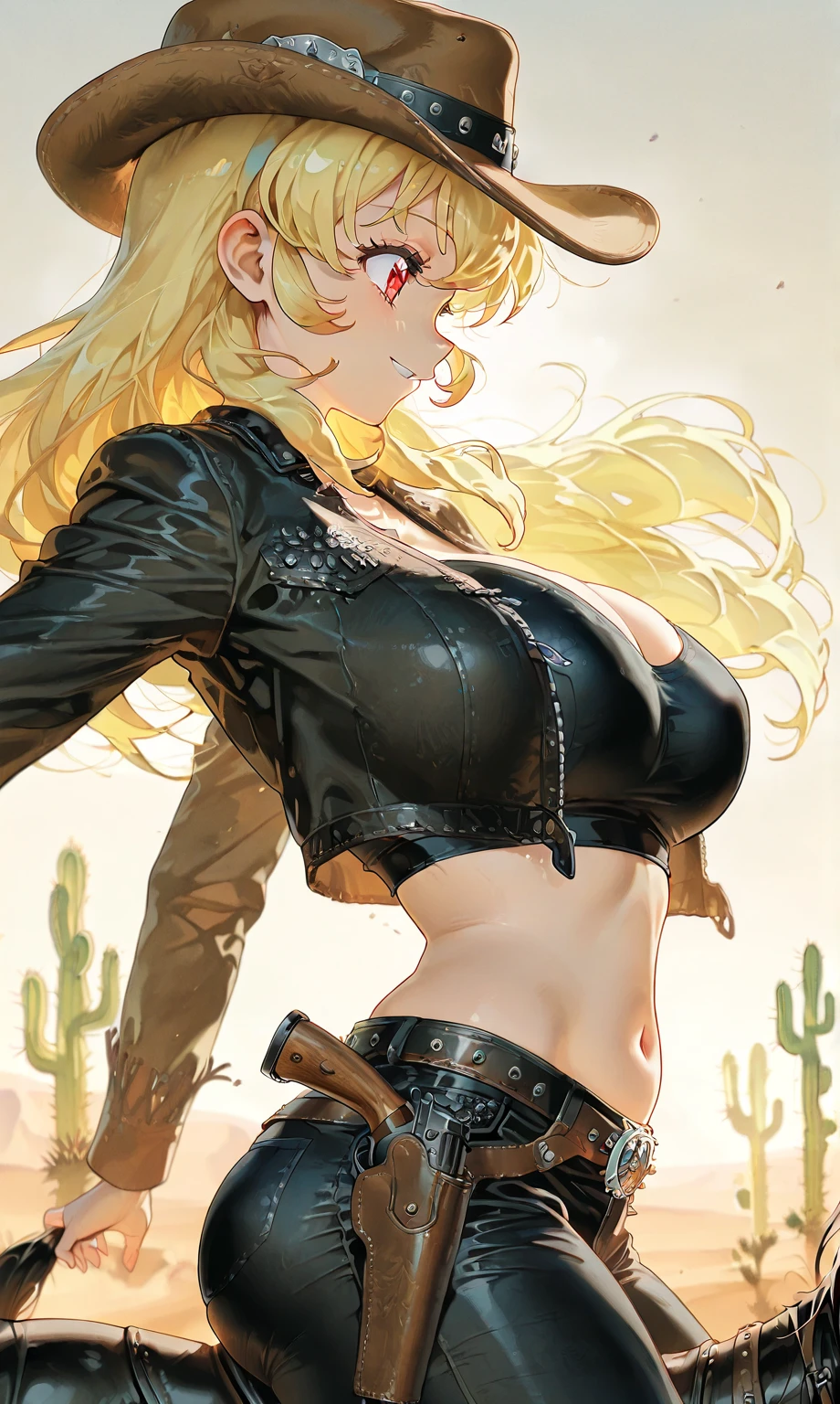 cowboy clothes, woman, large breast, blonde hair, braided hair, piercing red eyes, cowboy girl, ranch, exposed belly, seductive smile, frekles, light tan, cowboy hat, zombified, ruined clothes