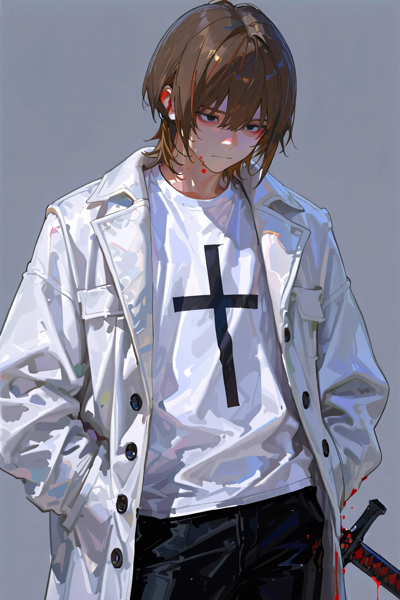 1 boy , in a completely collapsed building {x}, Talented person, Fighting with a black sword, wolf cut hair short brown hair, BLACK EYES, Being attacked , blood, Looking straight ahead, Standing straight, White T-shirt, white coat , black pants, standing in a straight position, gray background , High definition, high quality