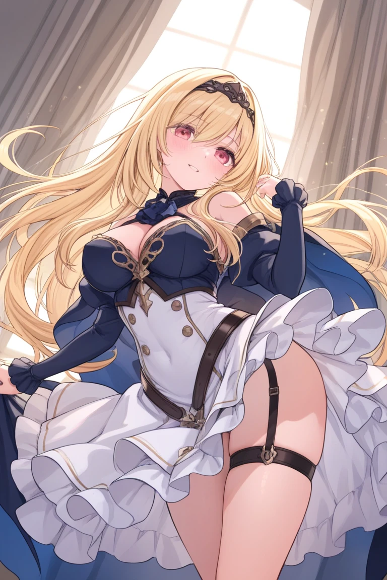 Masterpiece, Best quality, 1girl, solo, long-hair, thighhighs, breasts, striped, blonde-hair, flower, blue-eyes, rose, striped-thighhighs, full-body, dress, looking-at-viewer, blush, tiara, detached-sleeves, cleavage, big-breasts, holding, bare-shoulders, closed-mouth, black-footwear, white-dress, standing, red-rose, hand-on-hip, bow, bangs, very-long-hair, ahoge, red-flower, hair-between-eyes, gauntlets, halterneck, red-bow, frills, shoes, skirt, footwear-bow, armpits, flag, antenna-hair, criss-cross-halter, weapon, collarbone, clothing-cutout, crown, floral-print, headpiece, ((exposed navel)), short skirt