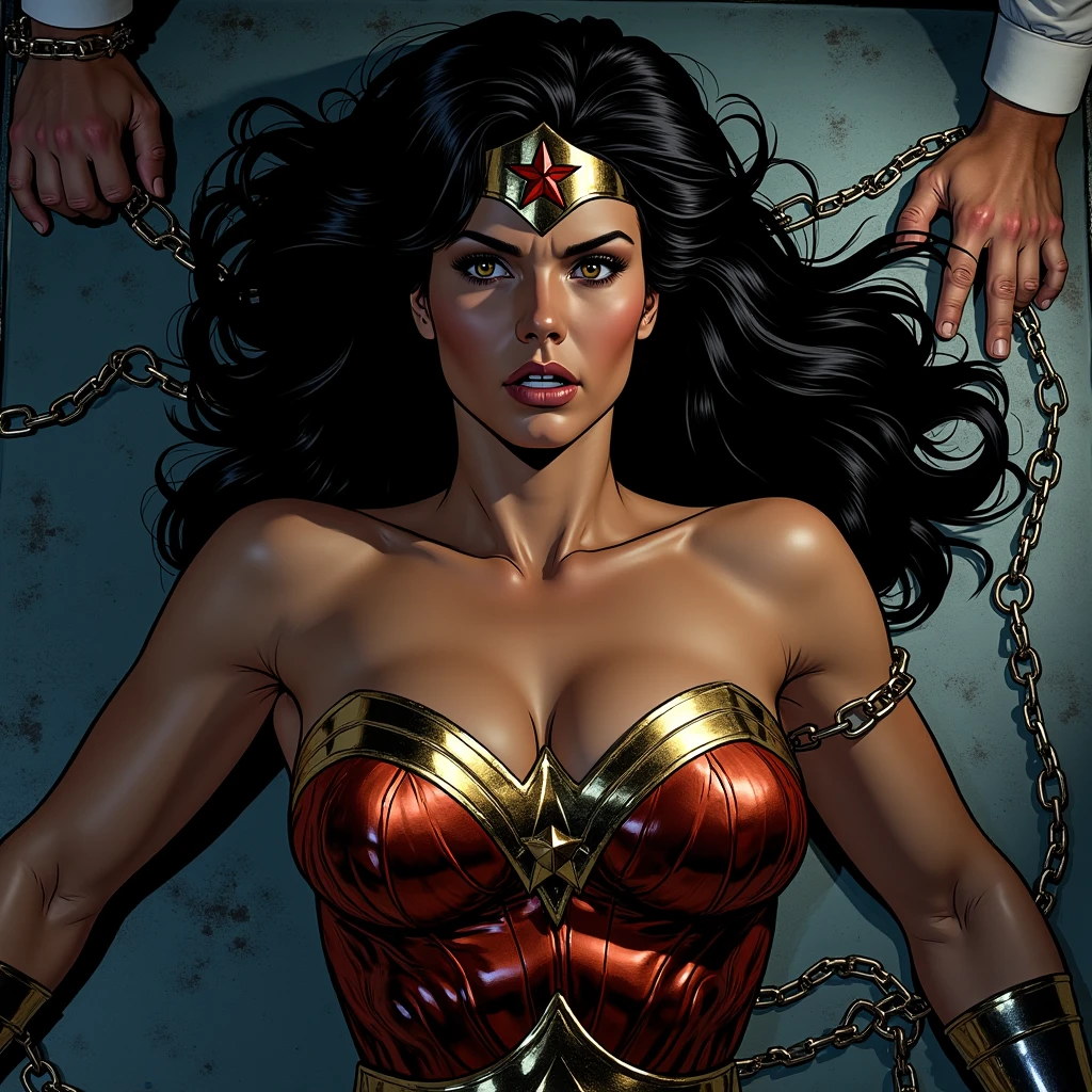 Wonder Woman being tied up with chains. She should be depicted as struggling, but ultimately unable to escape. The chains should be wrapped around her limbs and body, restricting her movement. Her hands may be above her head, and she should have an expression of defiance and determination despite being trapped. The tone of the image should be dark and dramatic