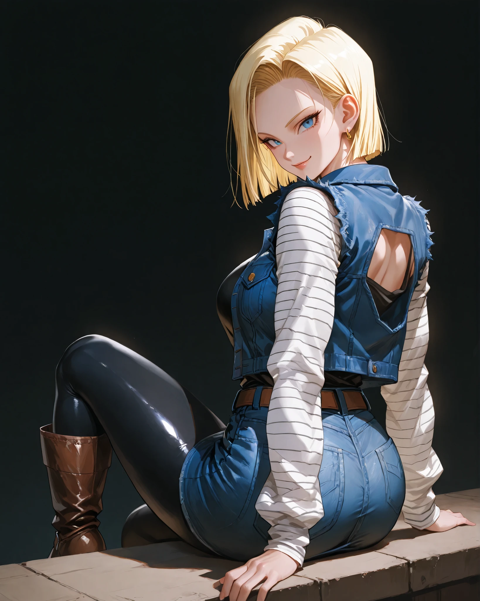 closeup, Sluisap, eyes、usnr、GBF_style、748cmstyle、32K、Semi-realistic、 super detailed description 、Artwork、Original Works、 detailed color、 detailed eyes、 detailed lips 、 The Greatest Masterpiece、Professional work、normal Breasts、 sexy、 Dragon ball z character, Android 18 , Android 18, (Android 18:1.3 cosplay ) , dark background , cowboy shot, , full frame , full length , shiny body, sexy ,( full body view1:3), sitting , back view , full body view , blue eyes color , normal breast , looking at the viewer , smile , wearing a black tank top , sleeveless blue denim vest , (white long sleeve undershirt, with black horizontal stripes), blue denim mini skirt black full length , skin tight leggings, brown mid caff leather boots