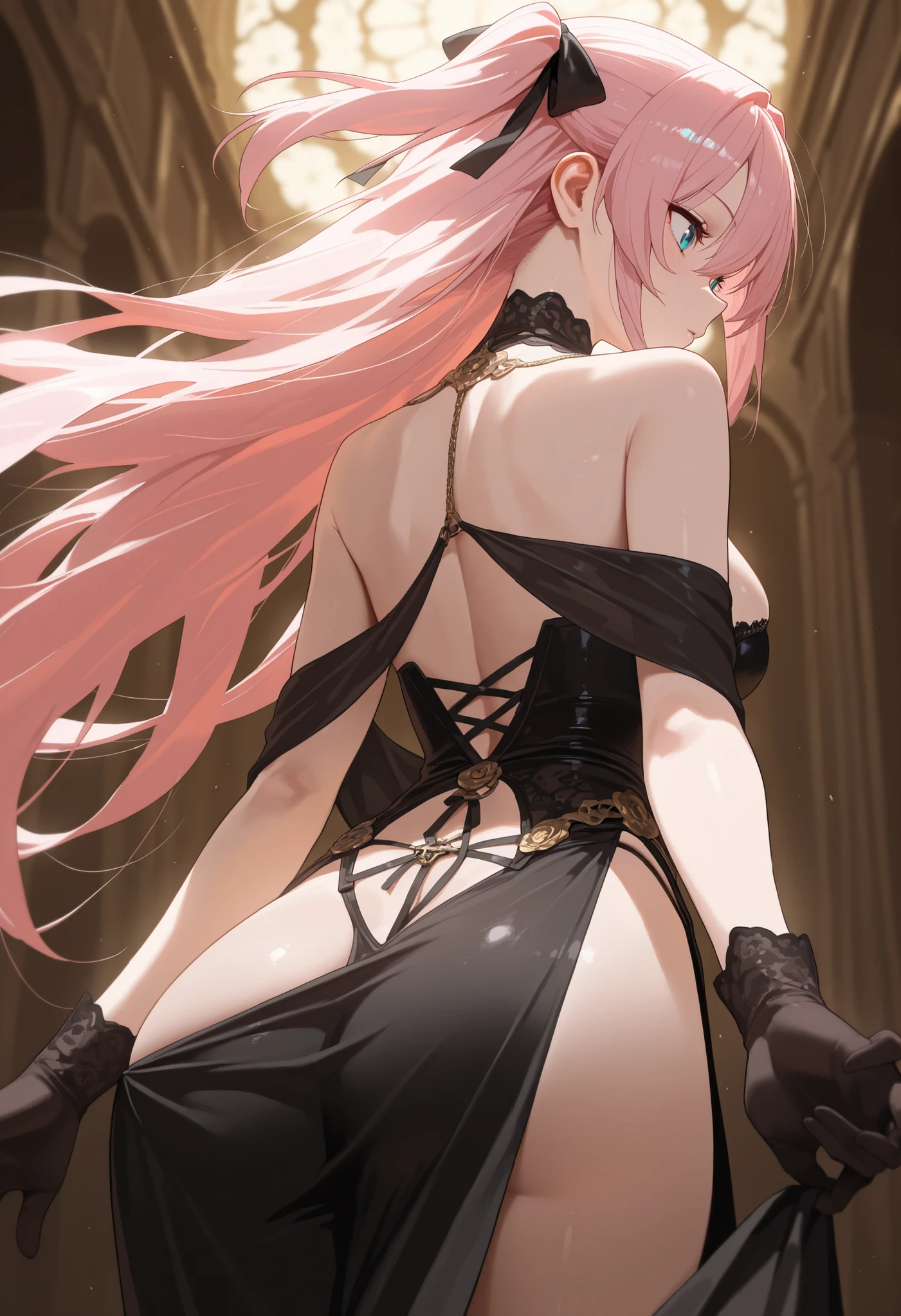 japanese cartoon movies, alone, long hair, pink hair, red eyes, devil horns, black horn, complex horns, devil woman, Model,beautiful, fancy, black clothes,( big bust, wide hips , sexy중년여성) , vampire castle, black stockings ,inside,(night, dark, moon) , cowboy shot , sexy , (from behind , ~am:1.2)