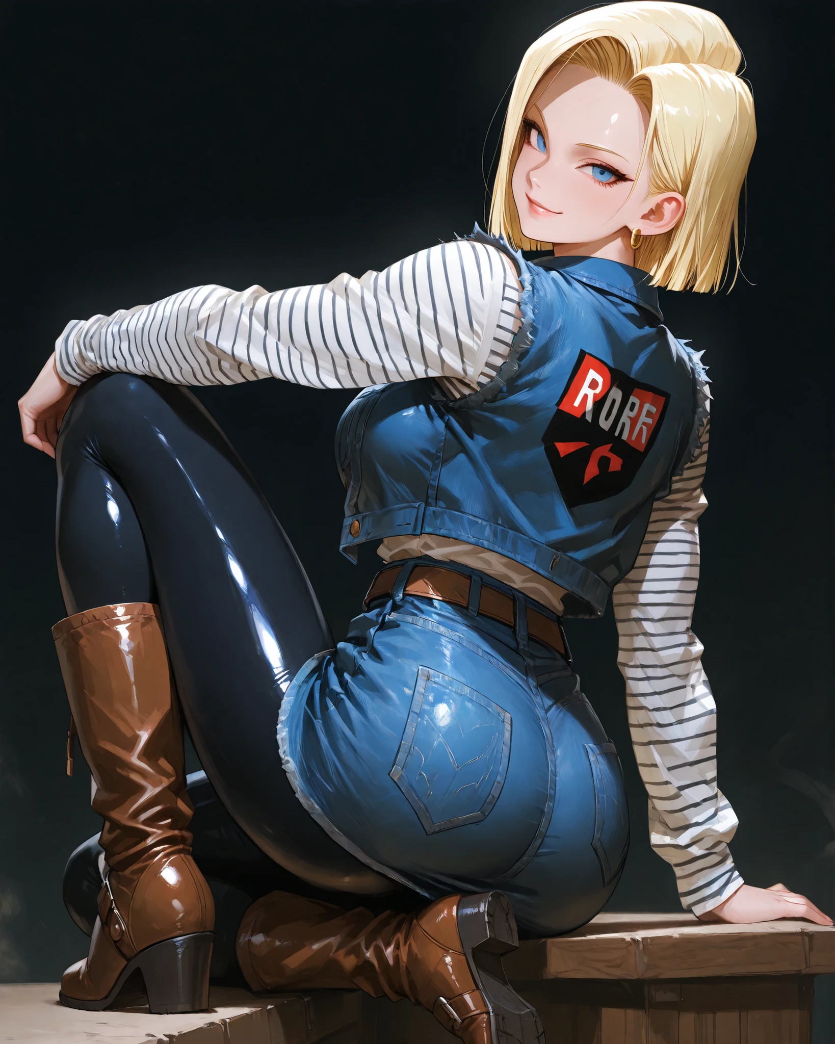closeup, Sluisap, eyes、usnr、GBF_style、748cmstyle、32K、Semi-realistic、 super detailed description 、Artwork、Original Works、 detailed color、 detailed eyes、 detailed lips 、 The Greatest Masterpiece、Professional work、normal Breasts、 sexy、 Dragon ball z character, Android 18 , Android 18, (Android 18:1.3 cosplay ) , dark background , cowboy shot, , full frame , full length , shiny body, sexy ,( full body view1:3), sitting , back view , full body view , blue eyes color , normal breast , looking at the viewer , smile , wearing a black tank top , sleeveless blue denim vest , (white long sleeve undershirt, with black horizontal stripes), blue denim mini skirt black full length , skin tight leggings, brown mid caff leather boots