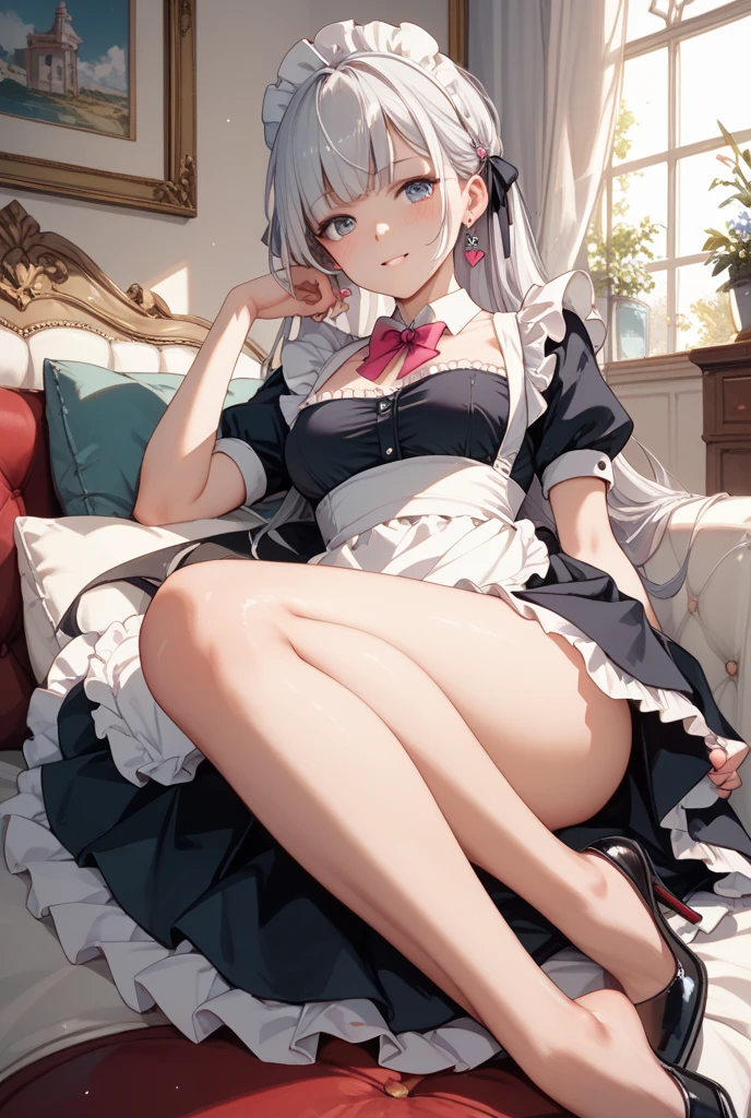 masterpiece, {{{{Highest quality}}}}, beautiful, 1girl, Light_Blue eyes, white hair, {twintails}, {{maid}}, miniskirt, White cat ears, White cat tail, collar with bell, sleeveless, bare feet