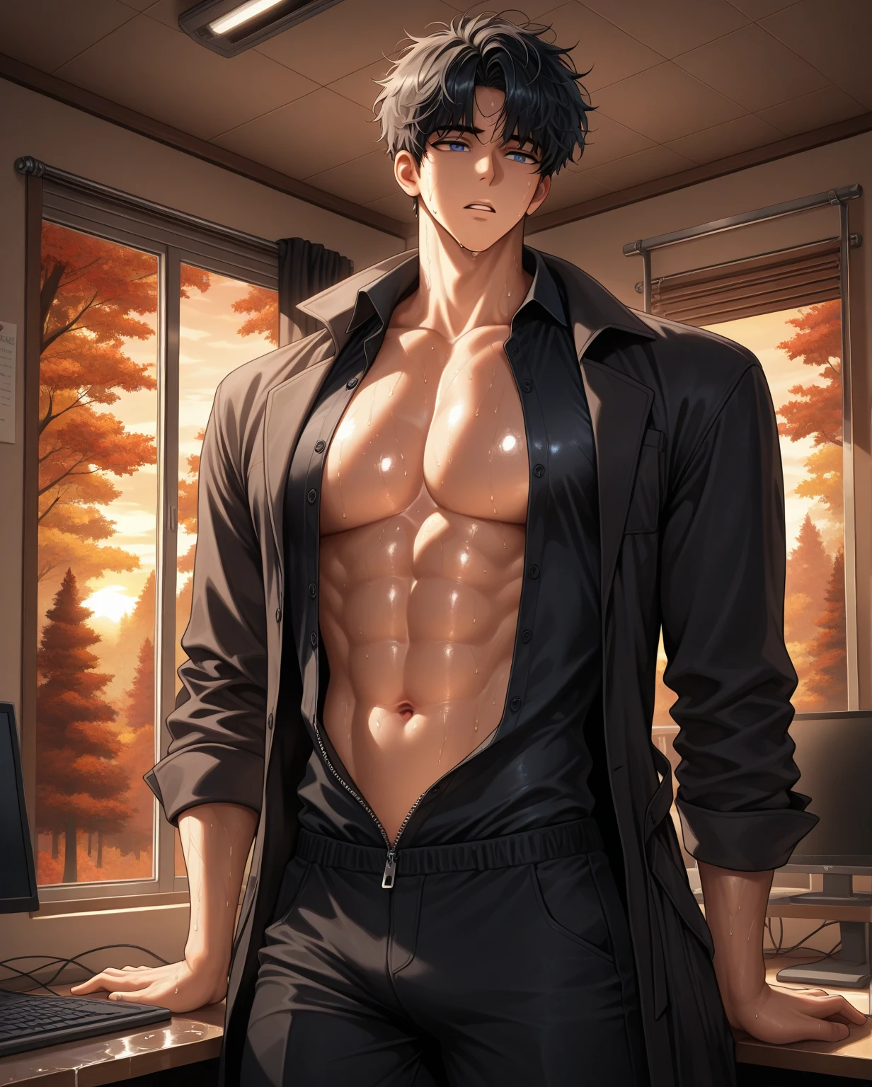 1 man,AS-Adult,intimate bodysuit,bare chest,stalwart,muscular man,Tong,cool guy,front lens,legs open,Hold the bulge firmly with both hands.,best quality,sexually suggestive,details on face,Big bulge,office room,building outside window,Background of the details,scattered sunlight,depth of field,background bokeh,