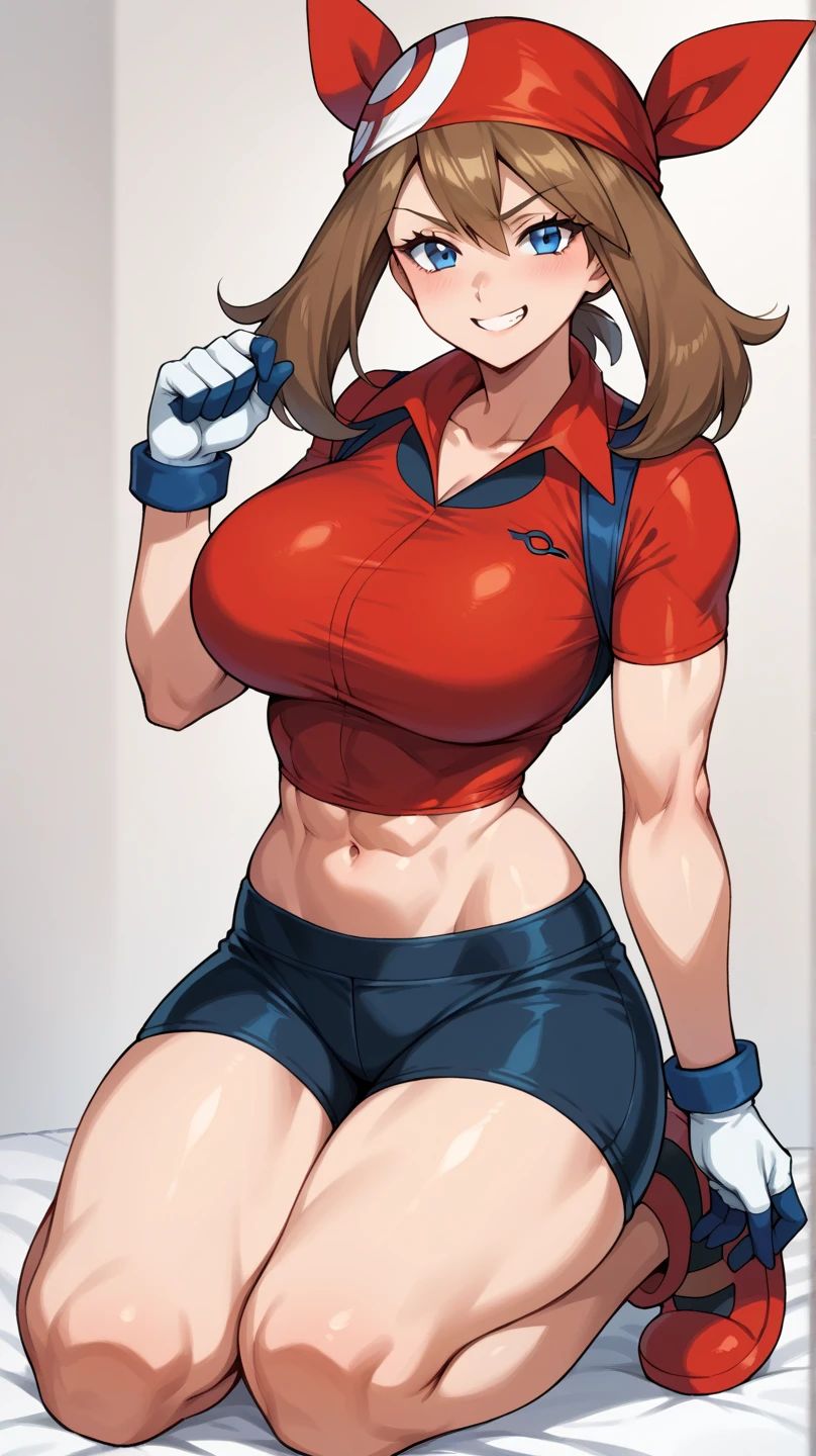 Girl with blond hair at school wearing cycling shorts, blushes